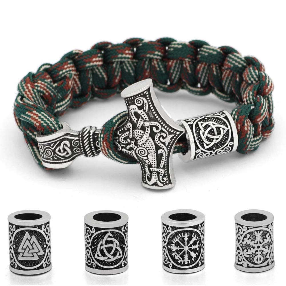GuoShuang Norse Viking Thor Mjolnir Hammer Camouflage Paracord Bracelet with 4 Beads,The Horns of Odin, Vegvisir,Valknut,Helm of Awe Silver