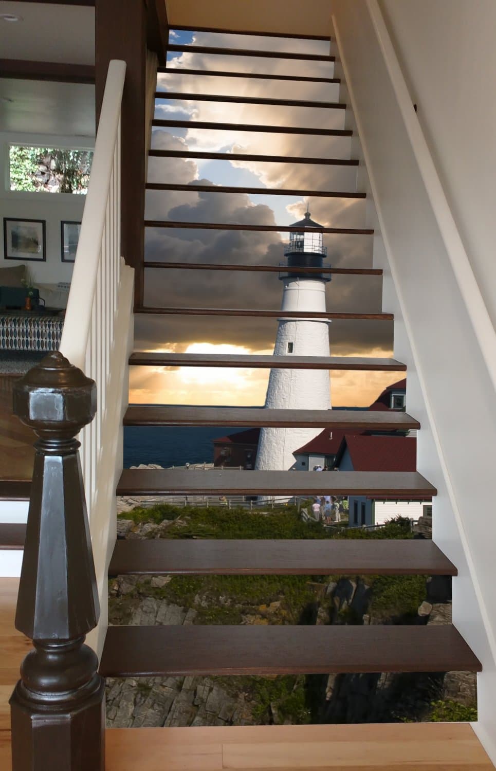 Lighthouse at Dawn Self-Adhesive Stair Decals - Peel and Stick Vinyl Stair Risers for Wooden Steps - High Quality Stair Riser Stickers Made in USA for DIY Home Decorations (7"Hx 34"W) 13 Decals