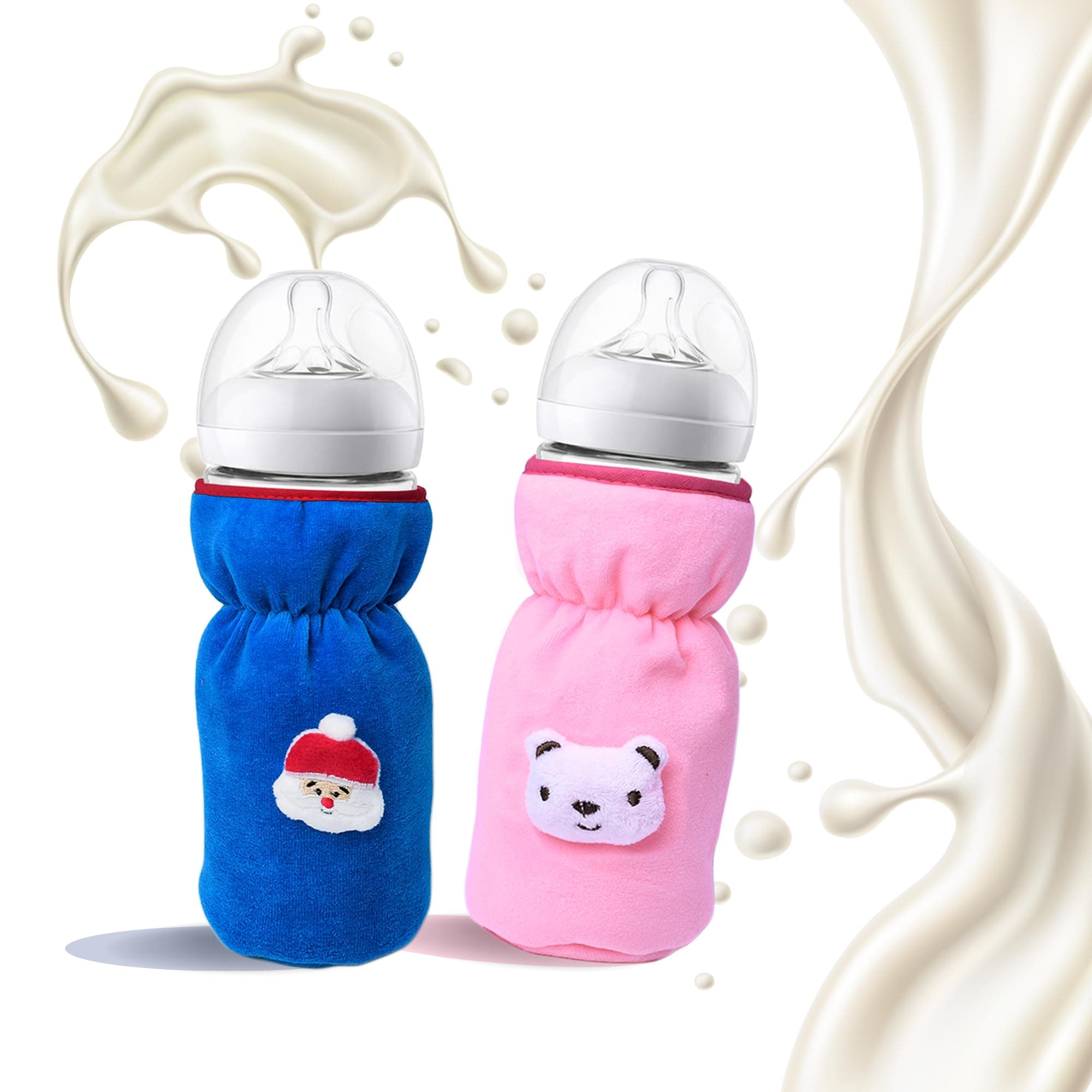 THE LITTLE LOOKERS Bottle Cover for Philips Avent/Wide Neck Feeders Soft Plush Stretchable Baby Feeding Bottle Cover with Easy to Hold Strap (Light Pink & Royal Blue, Wide Neck 240-330ml/8-11oz)