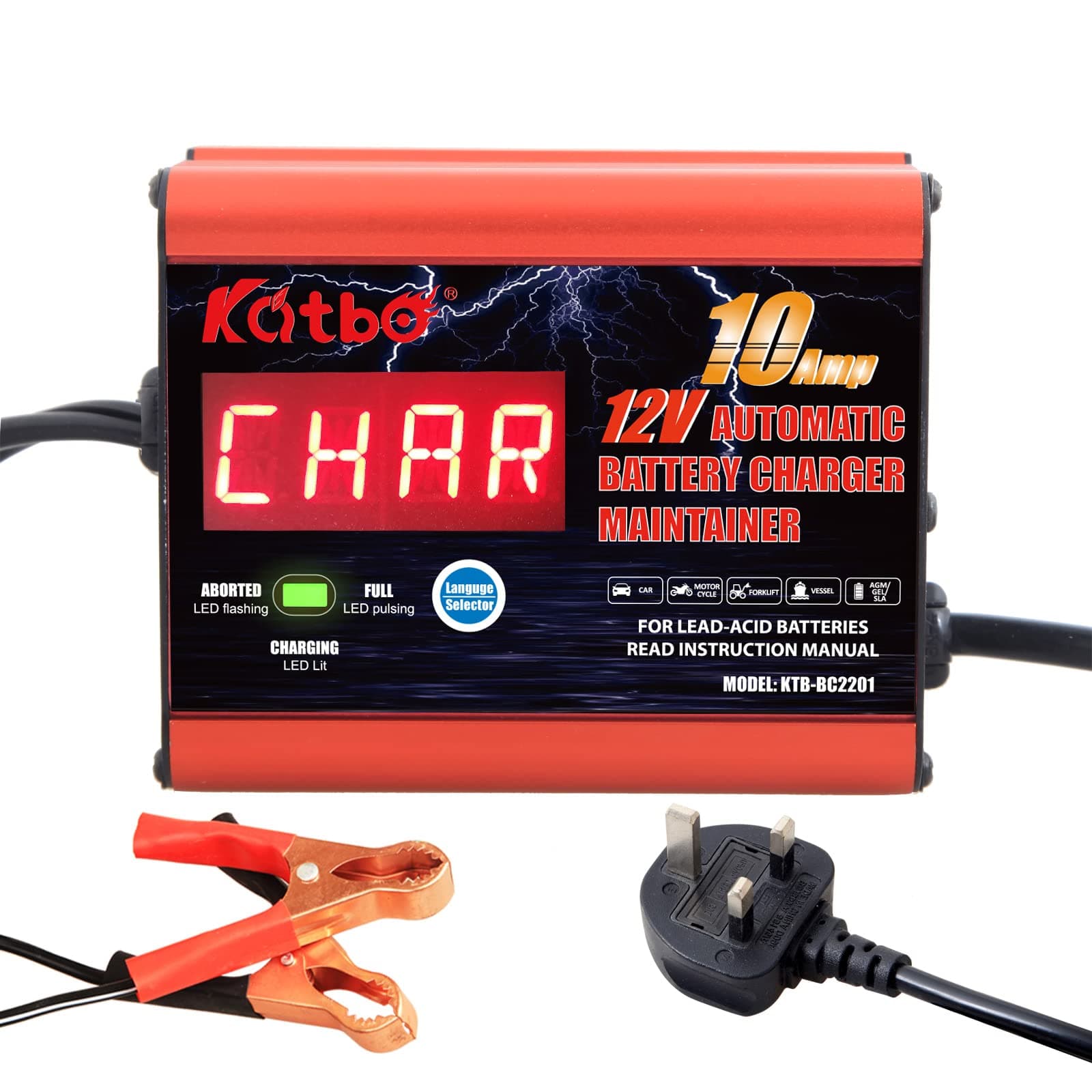 KATBO battery charger 12V 10A 24V 5A Automatic car battery maintainer Real-time Battery Monitoring for lead-acid, AGM, GEL, STD (12V 10Amp)