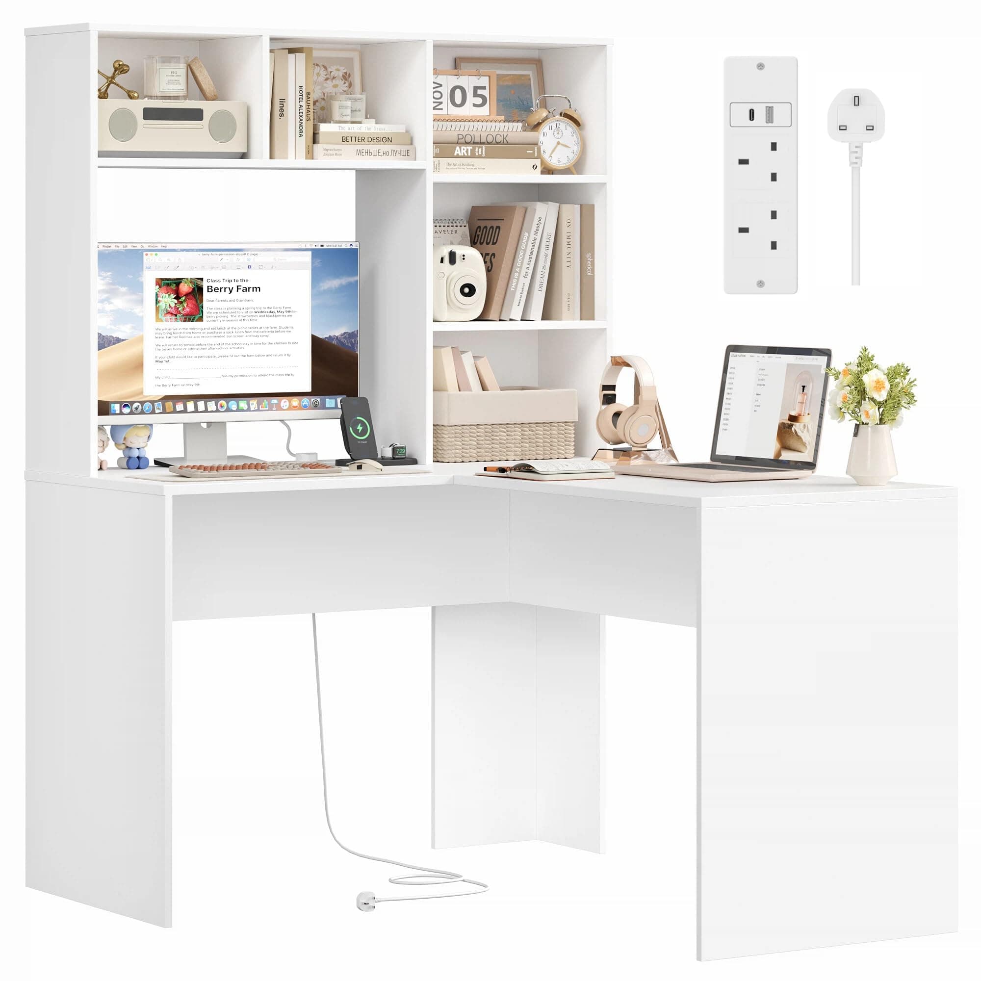 – FirFurd L Shaped Desk with Power Outlet Computer Corner Desk with Storage Shelves Study Table Home Workstation Office Furniture Wooden 108x125x153cm White