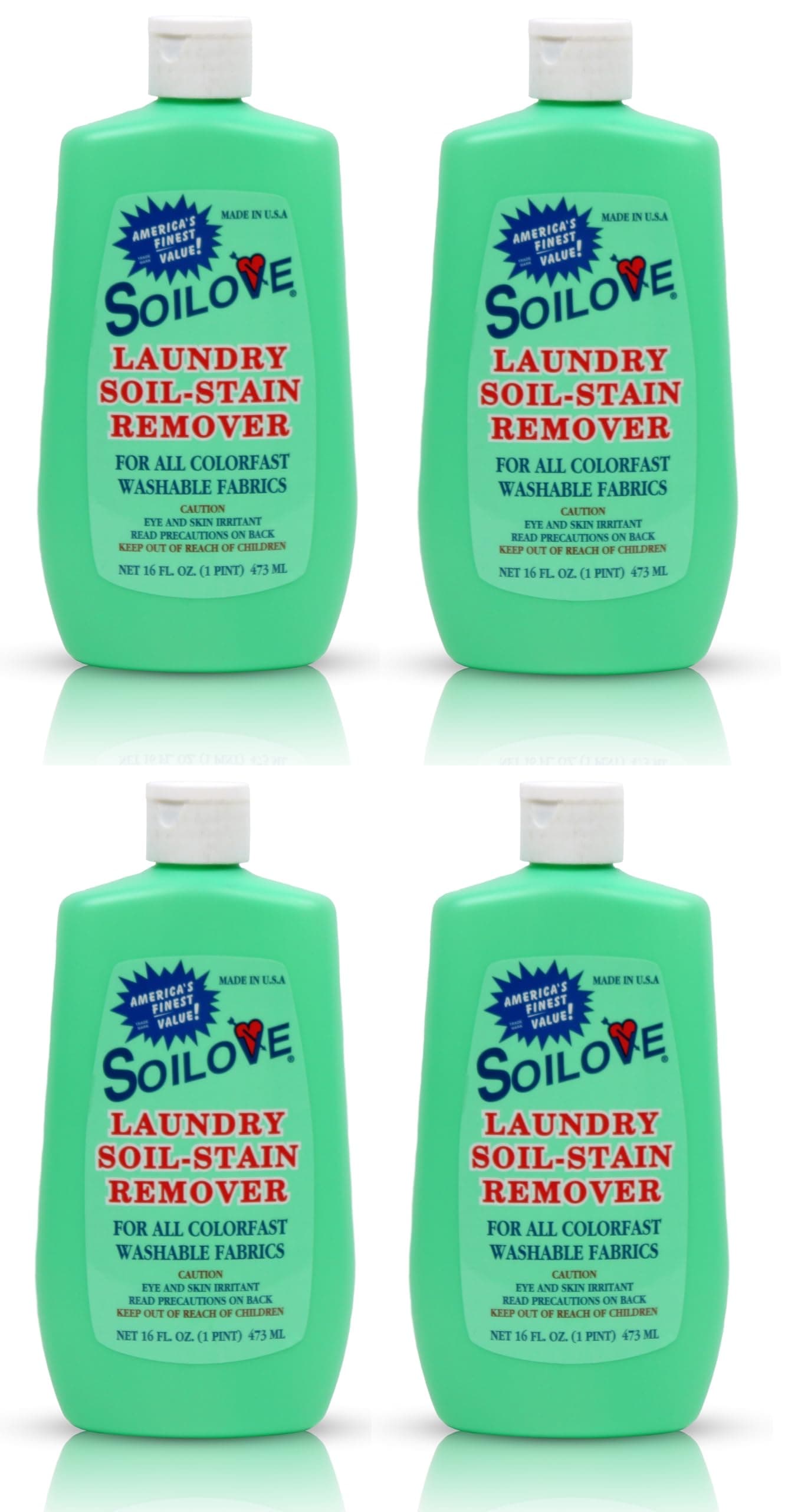 Soilove Laundry Stain Remover Liquid – 4 Bottles (16oz) – Powerful Prewash for Blood, Grease, Ink, Grass, Food, & More – Enzyme-Based Concentrated Stain Fighter for Clothes