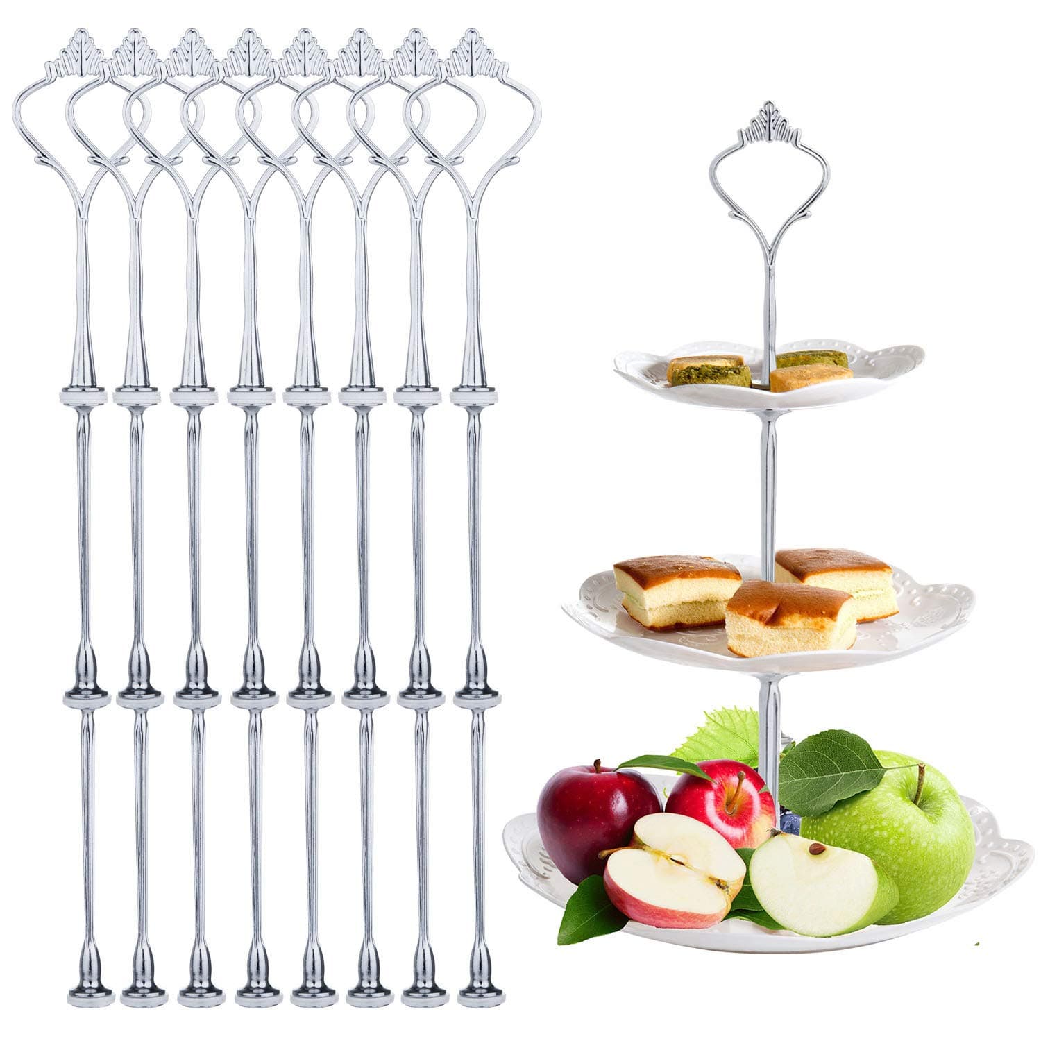 8 Set of Cake Plate Stand Fittings, MOOKLIN Silver Cake Display Stand Centre Rod Heavy Cake Stands 2 Or 3 Tiers for Birthday Wedding Party Ceremony (Plates are not Included)