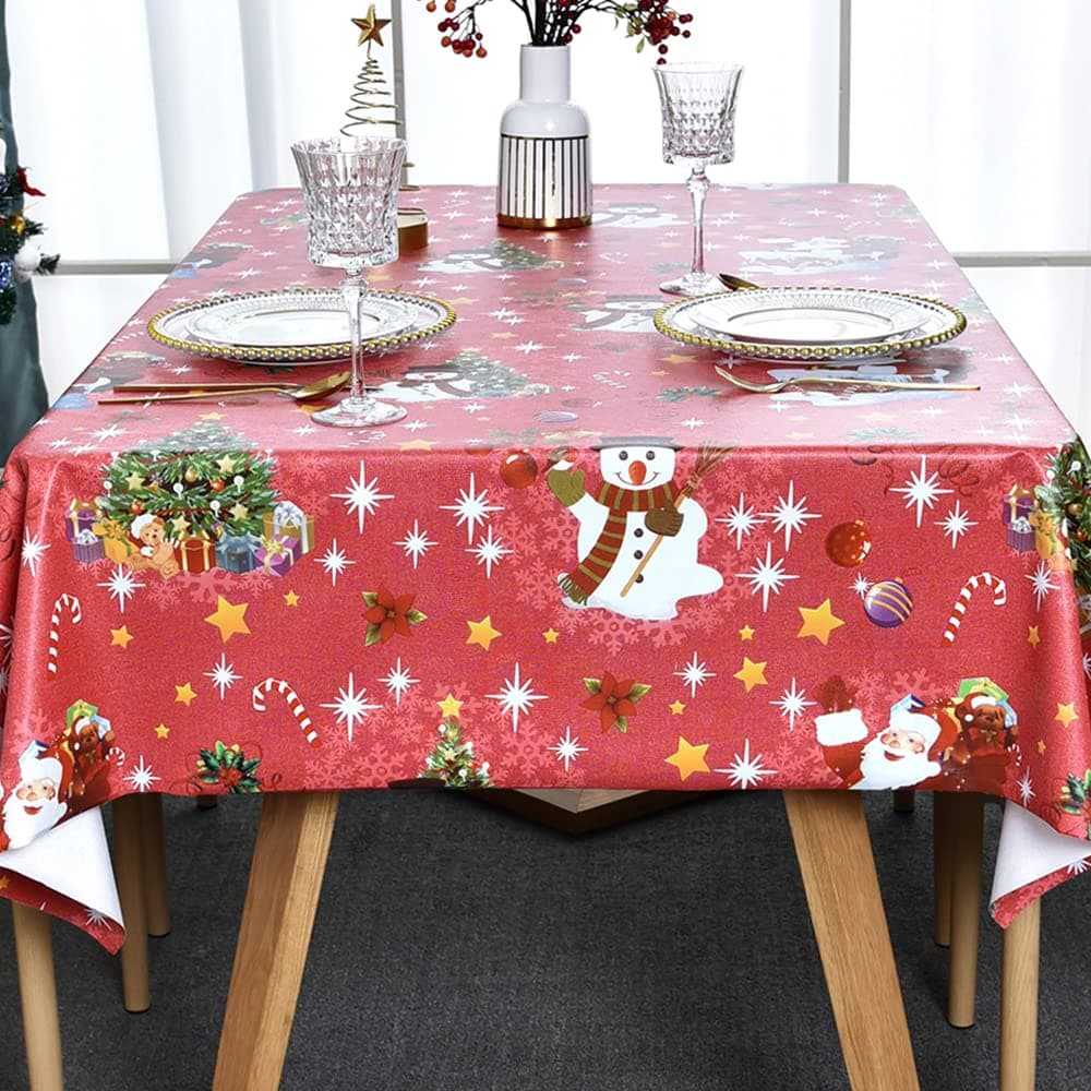 Christmas Table Cloth Wipe Clean Christmas Tablecloth Xmas Red PVC Plastic Wipeable Waterproof Rectangular Table Cover Decoration for Festive New Year Kitchen Picnic (137 x 275 cm)
