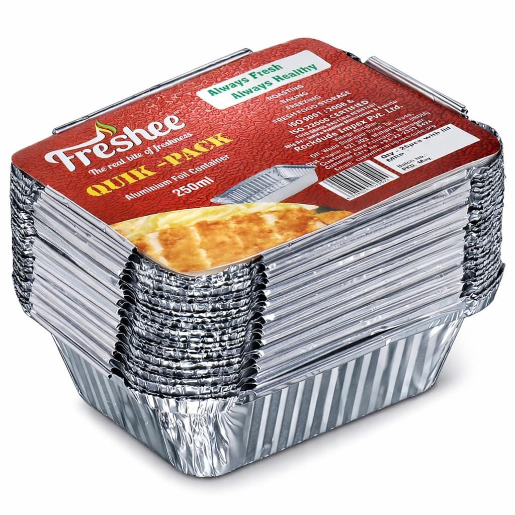 Freshee Aluminium Foil Container Box 250 ml with Lid for Food Storage & Takeaway | Heat-Resistant Leak-Proof Disposable Containers | Oven Safe Boxes for Packing Baking Freezing Reheating | Pack of 25