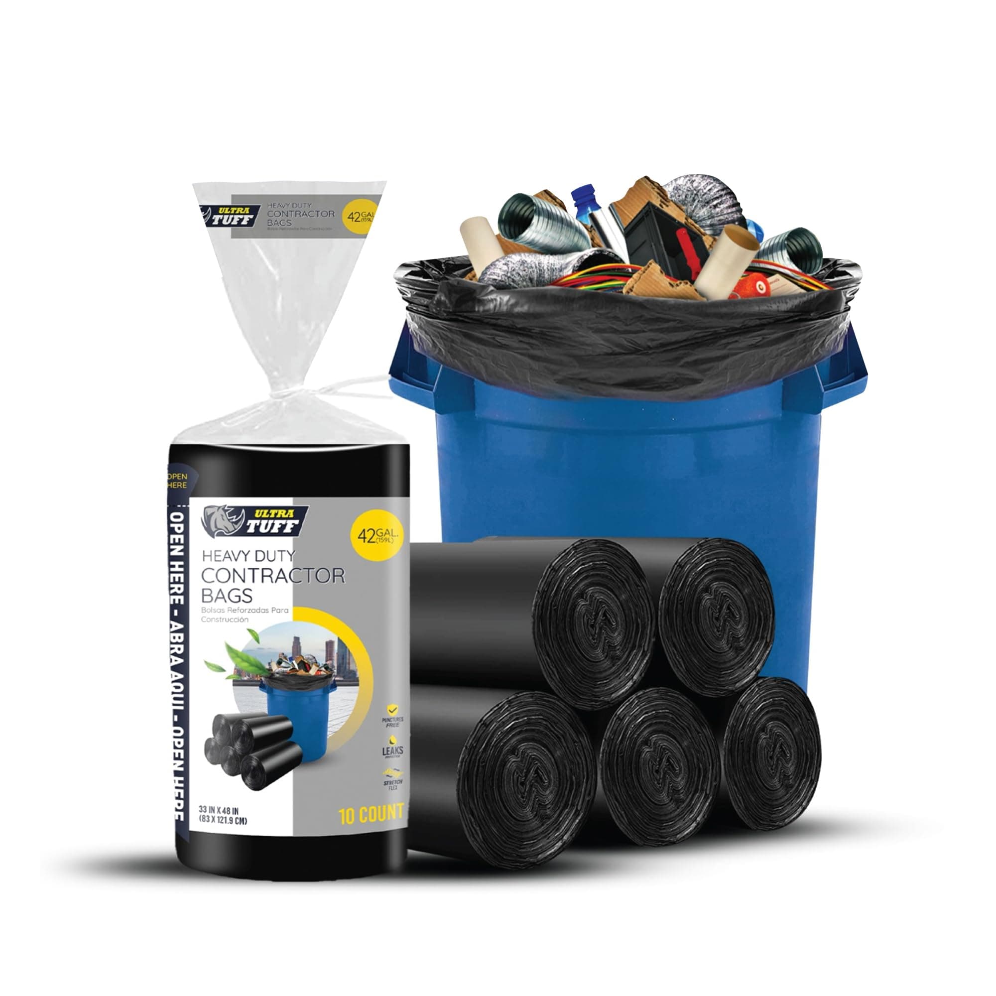 42 Gallon Contractor Bags | 10 Count Roll | Heavy Duty Contractor Trash Bags 3 Mil | 30”x50” Black Construction Garbage Bags