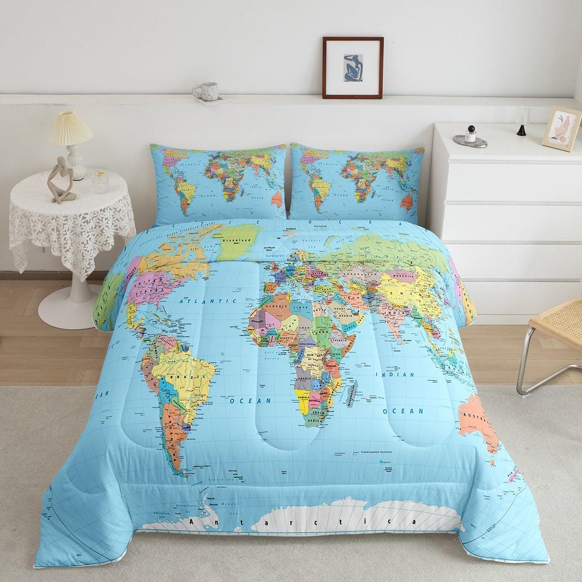 World Map Comforter Set Twin Multicolored Bedding Set 3D Geography Blue Ocean Bedroom Decor Down Comforter America Europe Asia Africa All Season Bedding Comforters & Sets