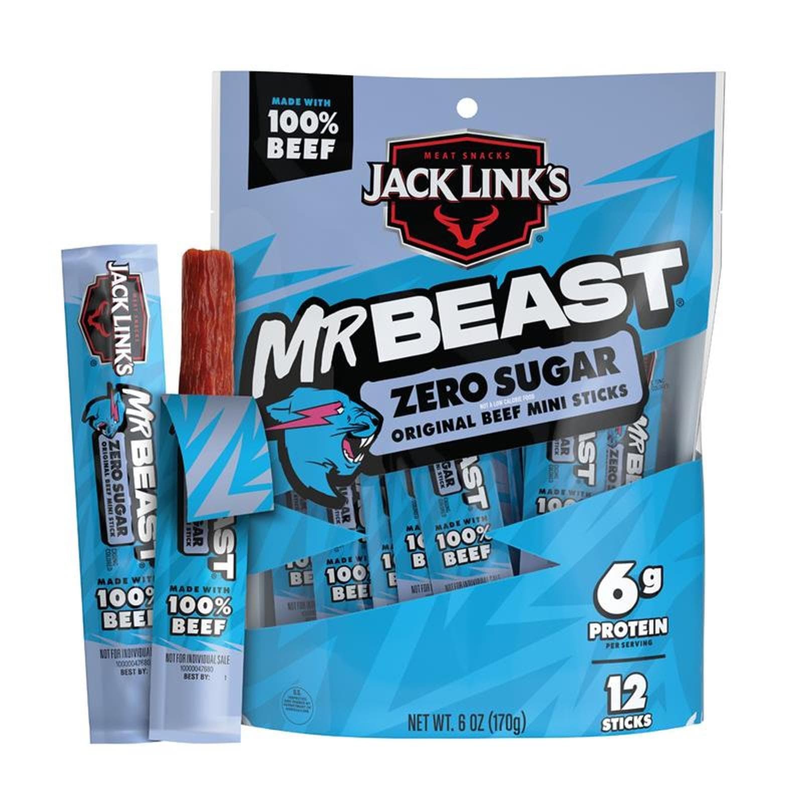 Jack Link's Mini 100% Beef Sticks, Original Zero Sugar – 6g of Protein Snacks...