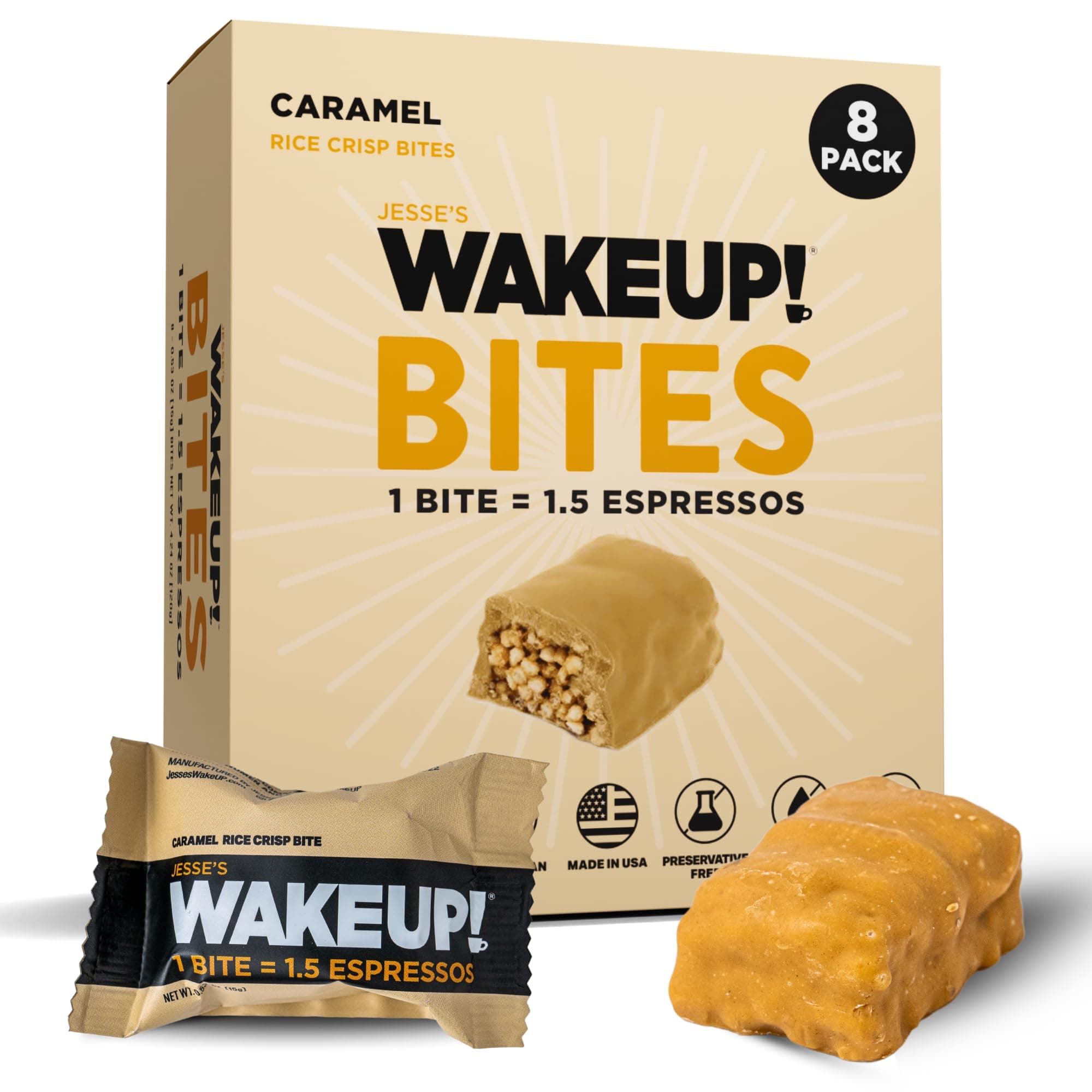 WAKE UP! Caffeinated Caramel Protein Bites - Gluten Free, Vegetarian, 175mg Caffeine (1 Bite = 1.5 Espressos) - Boosts Focus and Clarity - Kosher Ingredients - 8 Pack
