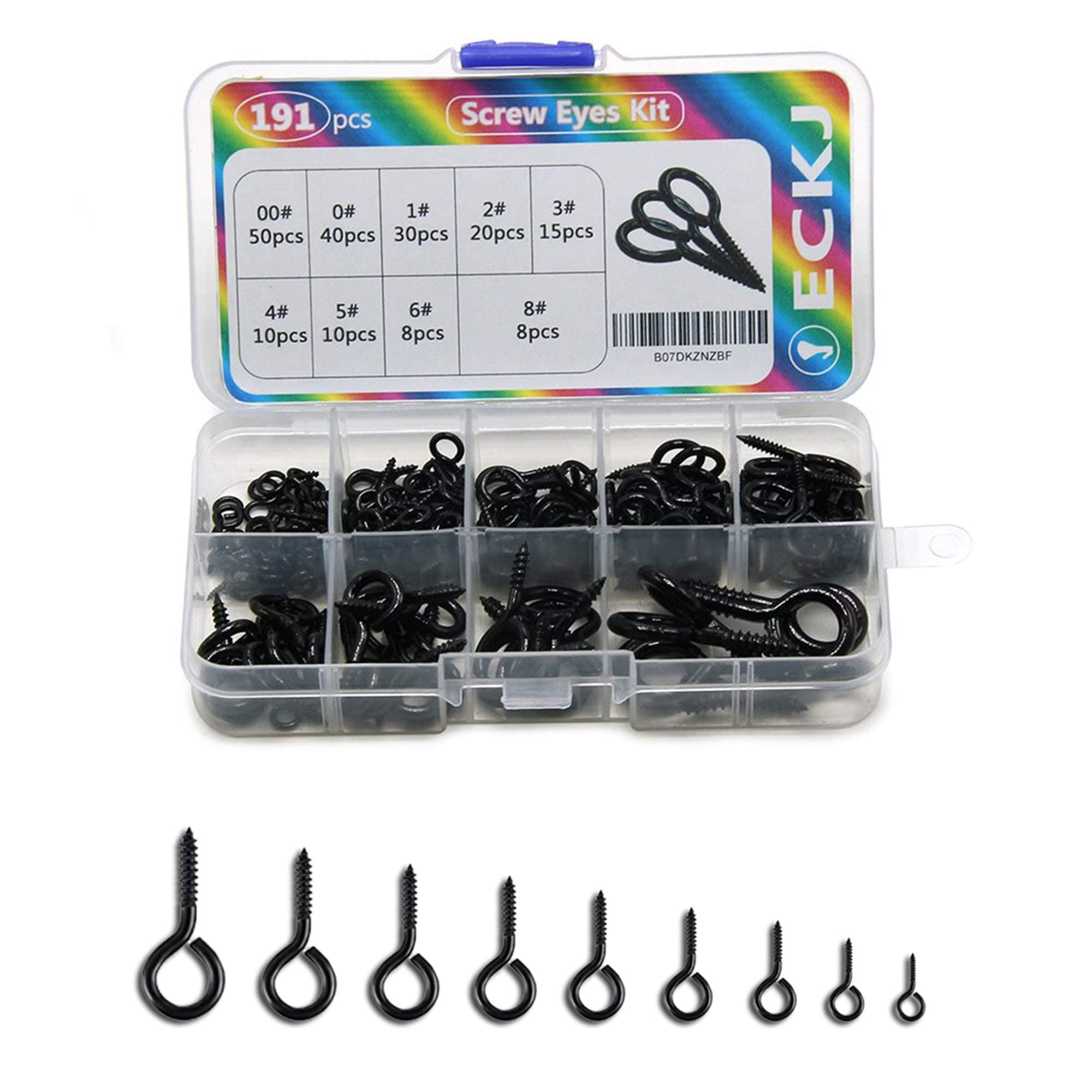 191pcs Screw Eyes Zinc Plated Metal Eye Hook Screw Self Tapping Screws Includes 9 Sizes Color Black