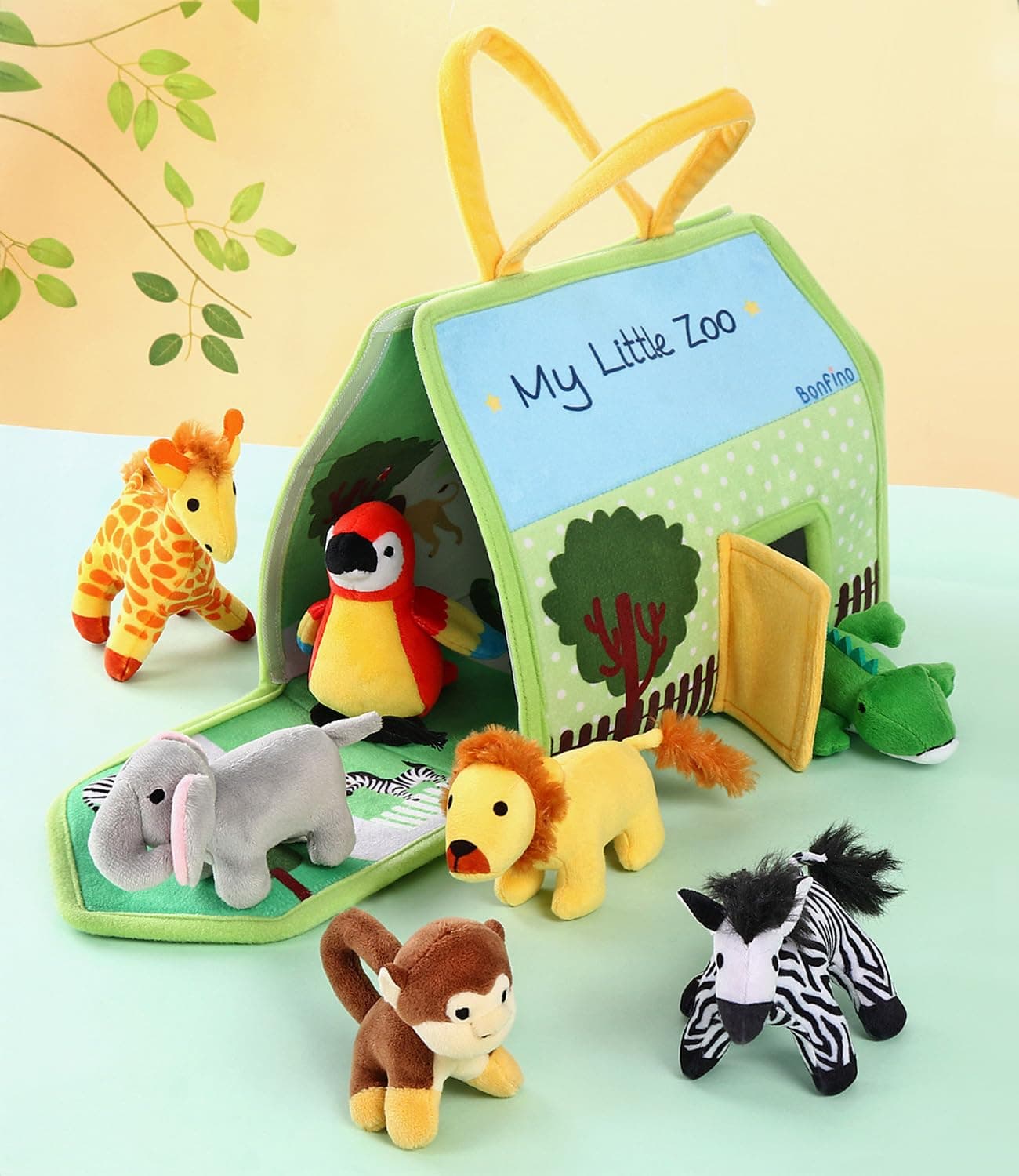 Bonfino Premium My Little Zoo House Playset with Bag for Kids,7 Plush Animal Figurines,Educational Montessori Learning Toy for Toddlers,Soft Pretend Play Set,Birthday Gift for Boys&Girls,BIS Certified