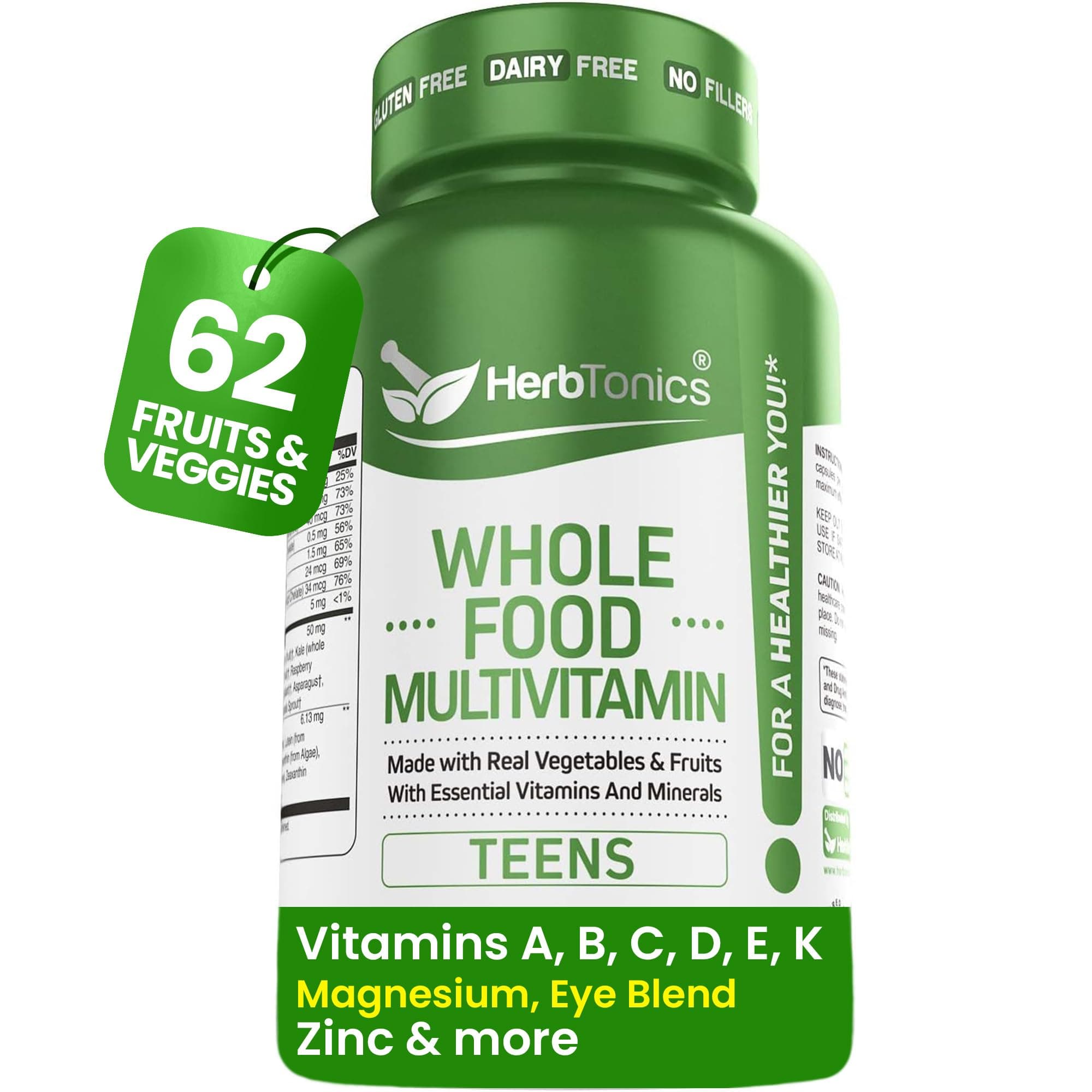 Herbtonics Whole Food Teen Vitamins for Energy, Focus & Immune Support - Multivitamin for Teenage Boys & Girls (12-18) with Real Superfoods - Vegan, Plant Based, Non-GMO - 60 Easy Swallow Capsules