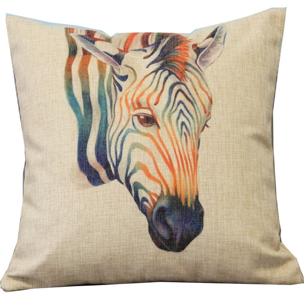 Cartoon Animal Style Lovely Colorful Zebra Throw Pillow Case Decor Cushion Covers Square 1818 Inch Beige Cotton Blend Linen