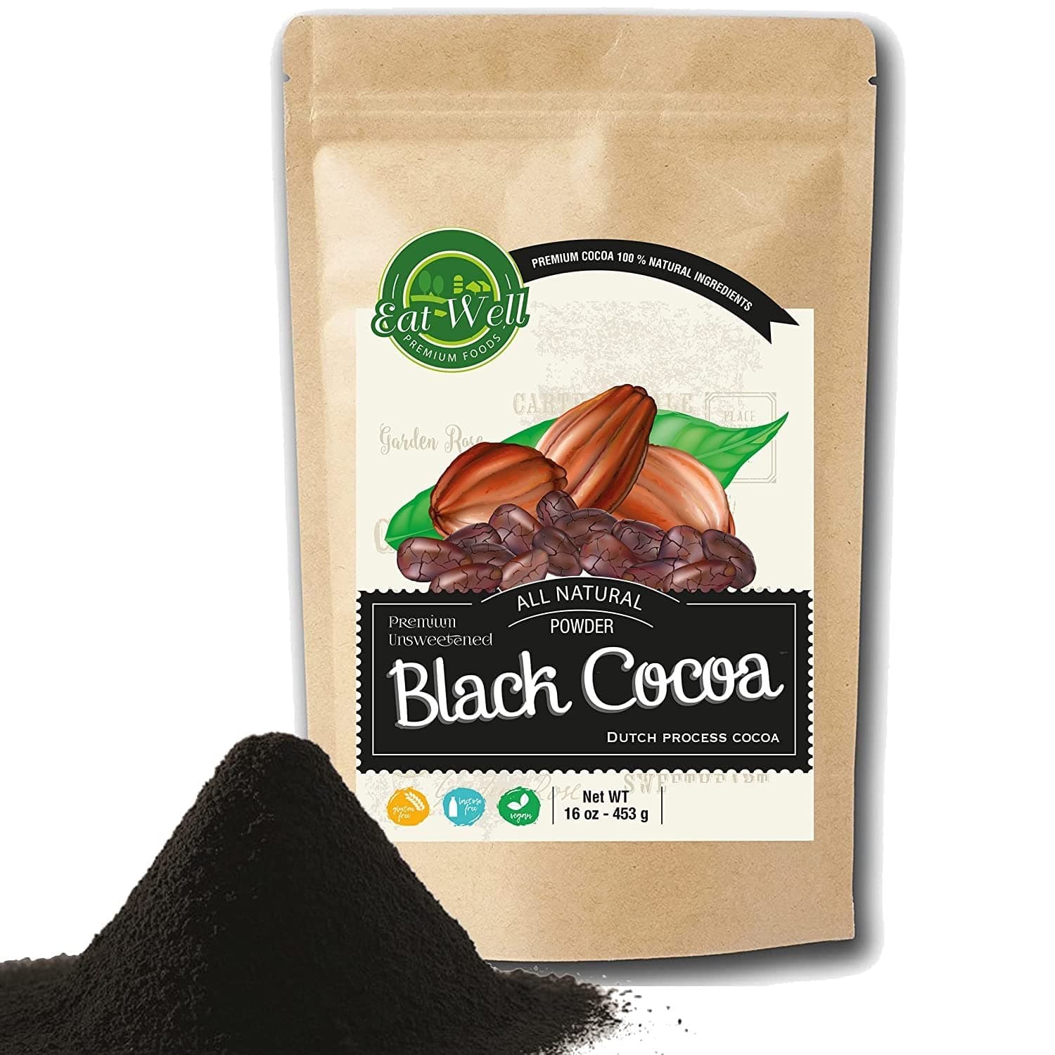EAT WELL PREMIUM FOODS Black Cocoa Powder | 16 oz Reseable Bag | Dark Cocoa Powder | Dutch-Process Cocoa Powder | Unsweetened Cocoa | Antioxidants and Resveratrol | Gluten Free |% 100 Natural |