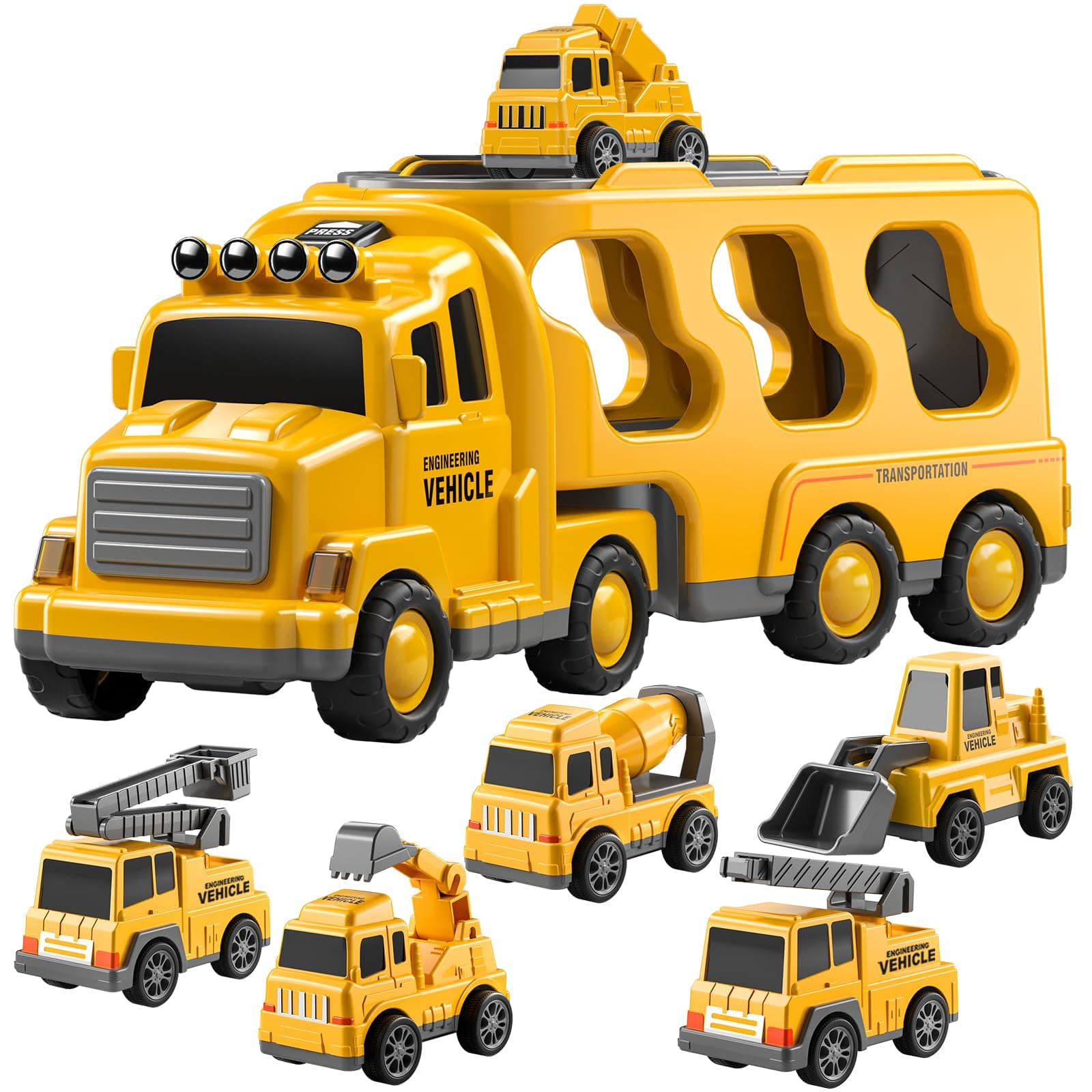 TEMI Construction Truck Toys Cars for Toddlers 3-5 - 7-in-1 Friction Powered Vehicle Toy 3 4 5 6 Year Old Boys, Carrier Transport Trucks Kids Years, Car Set Age 3-9 Boys and Girls