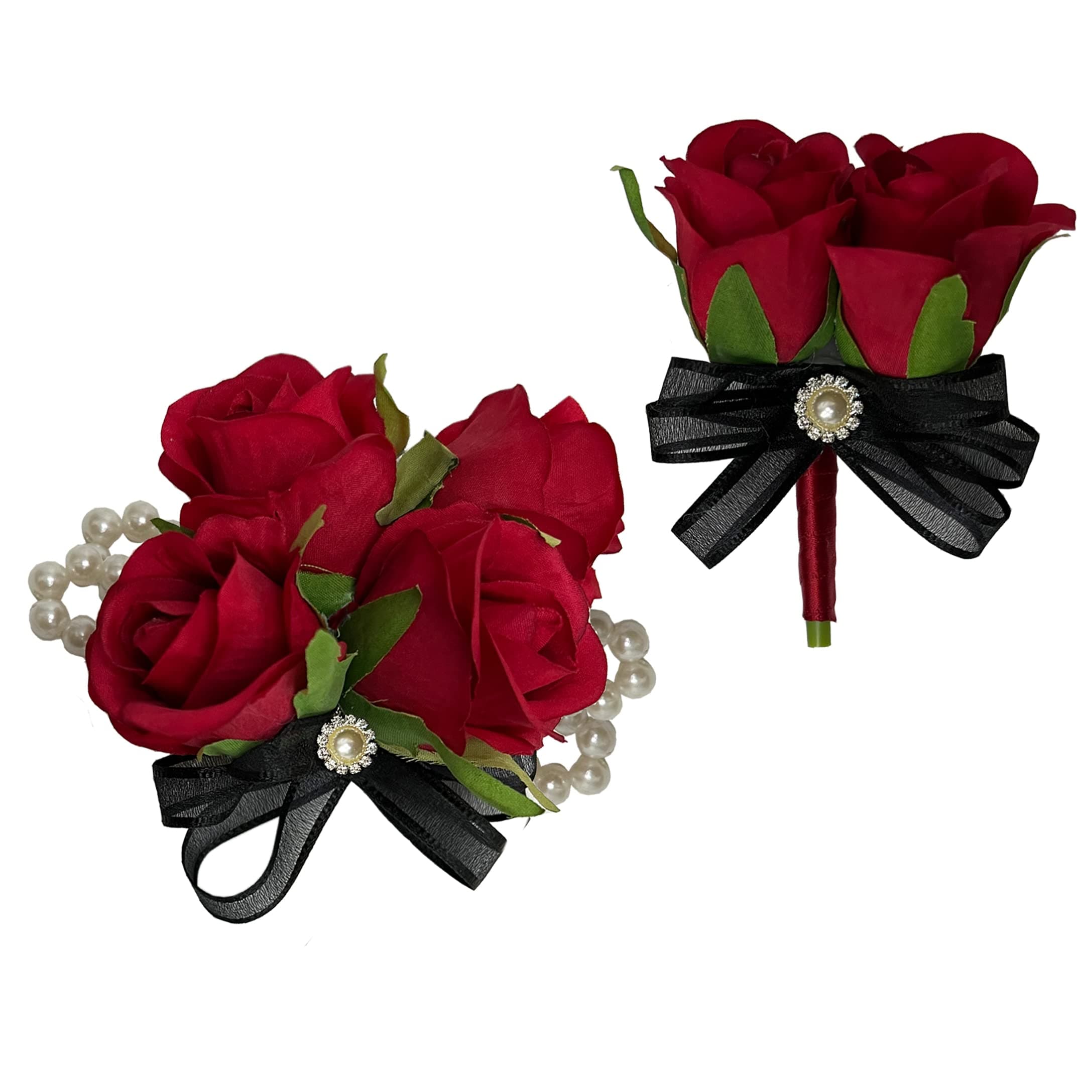 YOKOKE Prom Corsage and Boutonniere Set, Rose Boutonniere and Wrist Corsage Wristlet Set Flowers for Party Ball Dancing Prom Suit Decorations (Red)
