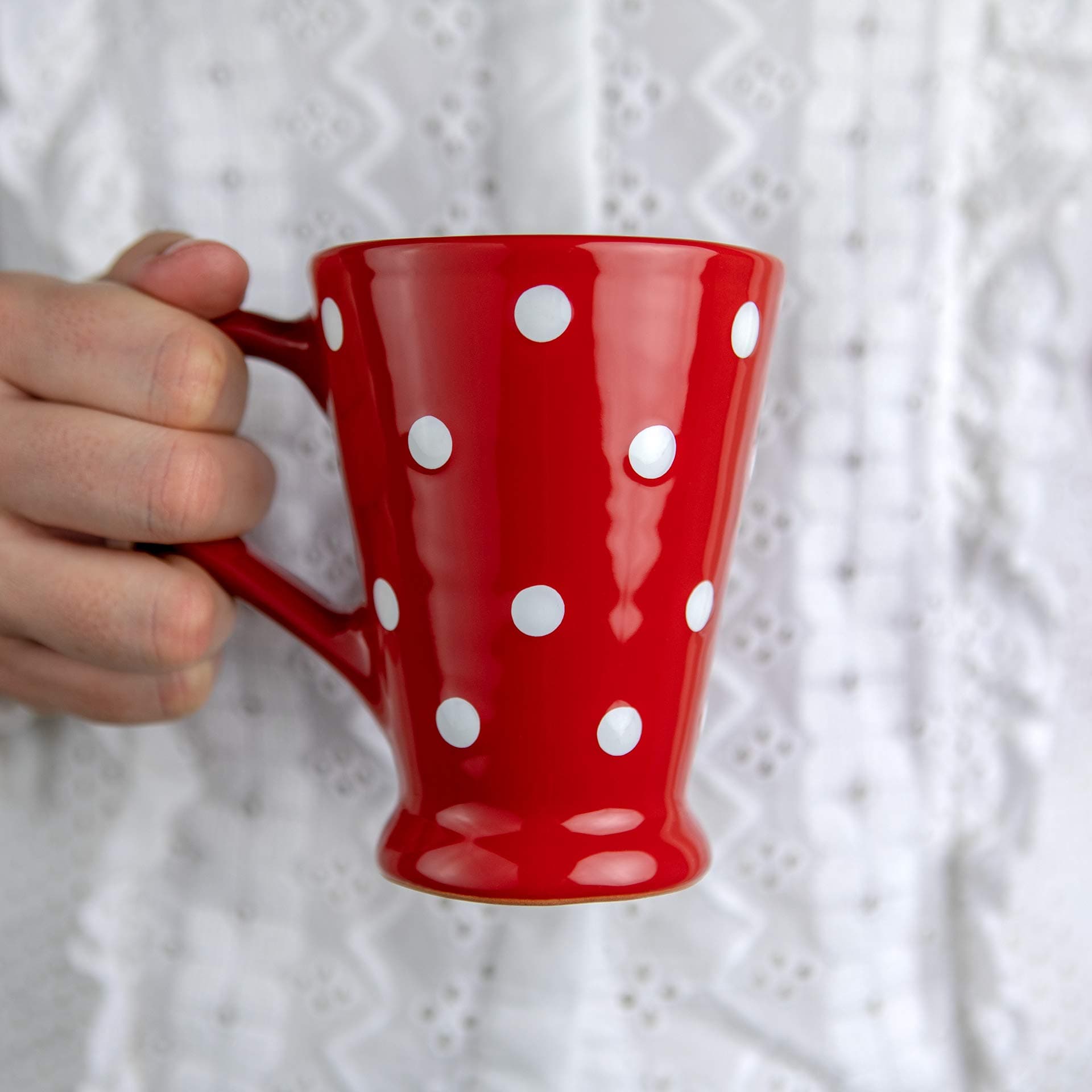 Handmade Red and White Polka Dot Ceramic Coffee, Tea, Latte Mug, Cup with Large Handle, Unique 7 oz / 200ml Designer Pottery for Tea Lovers