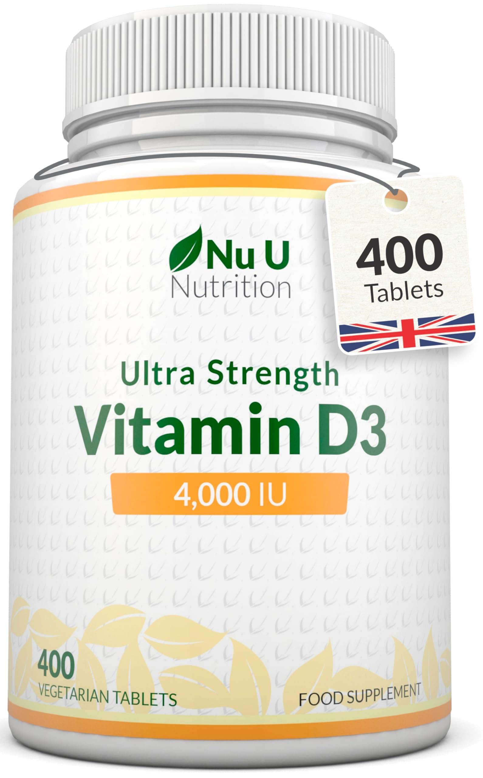 Vitamin D3 4000 IU - 400 Vegetarian Tablets - 13 Month Supply - High Strength 100 mcg Vitamin D - Immune System, Bone and Muscle Function Support* - Made in The UK - Nu U Nutrition