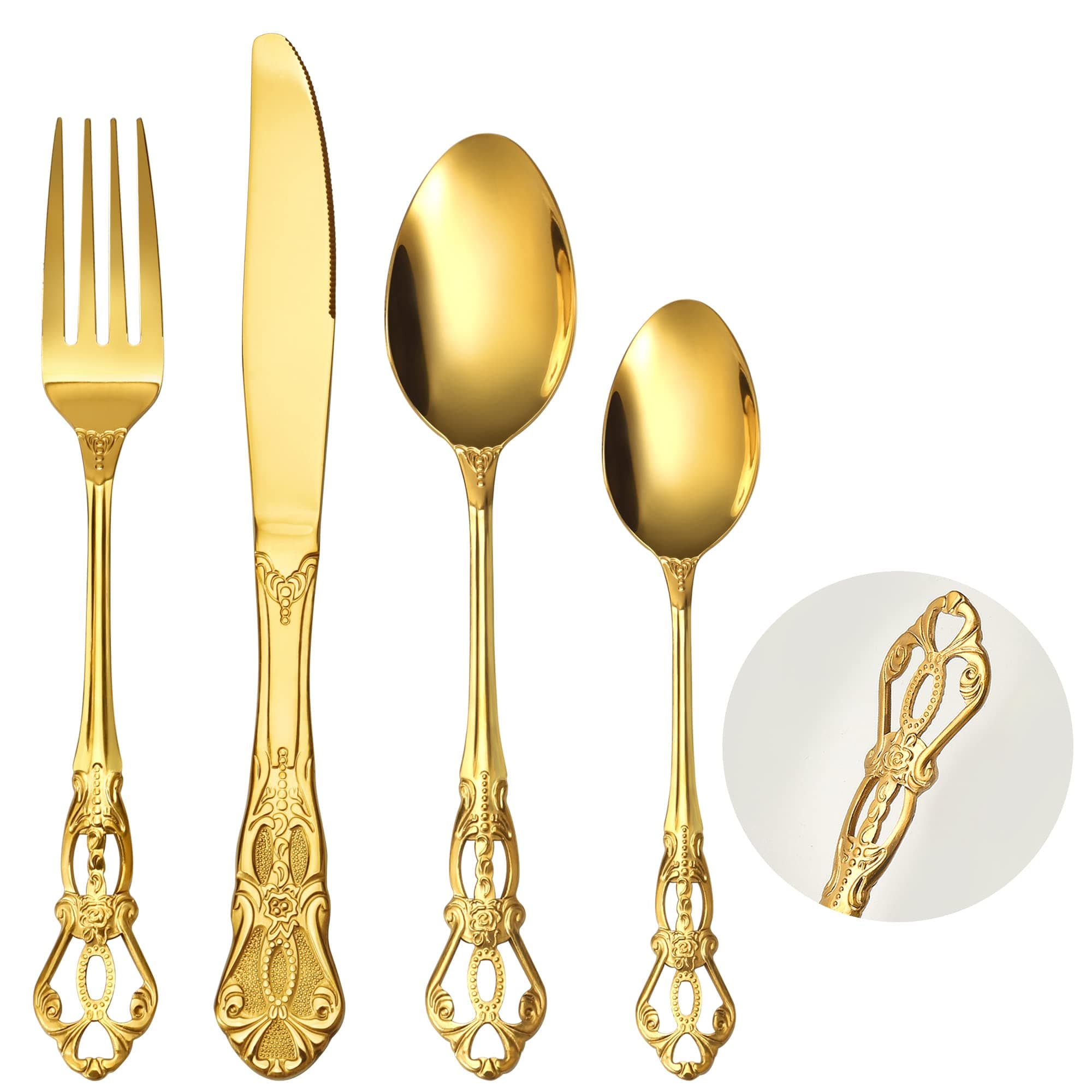 Royal Golden Cutlery Set, 16 Piece Cutlery Set Flatware Set for 4 People Palace Style Mirror Polished Dishwasher Safe Knife Fork Spoon Cutlery for Home Banquet Catering