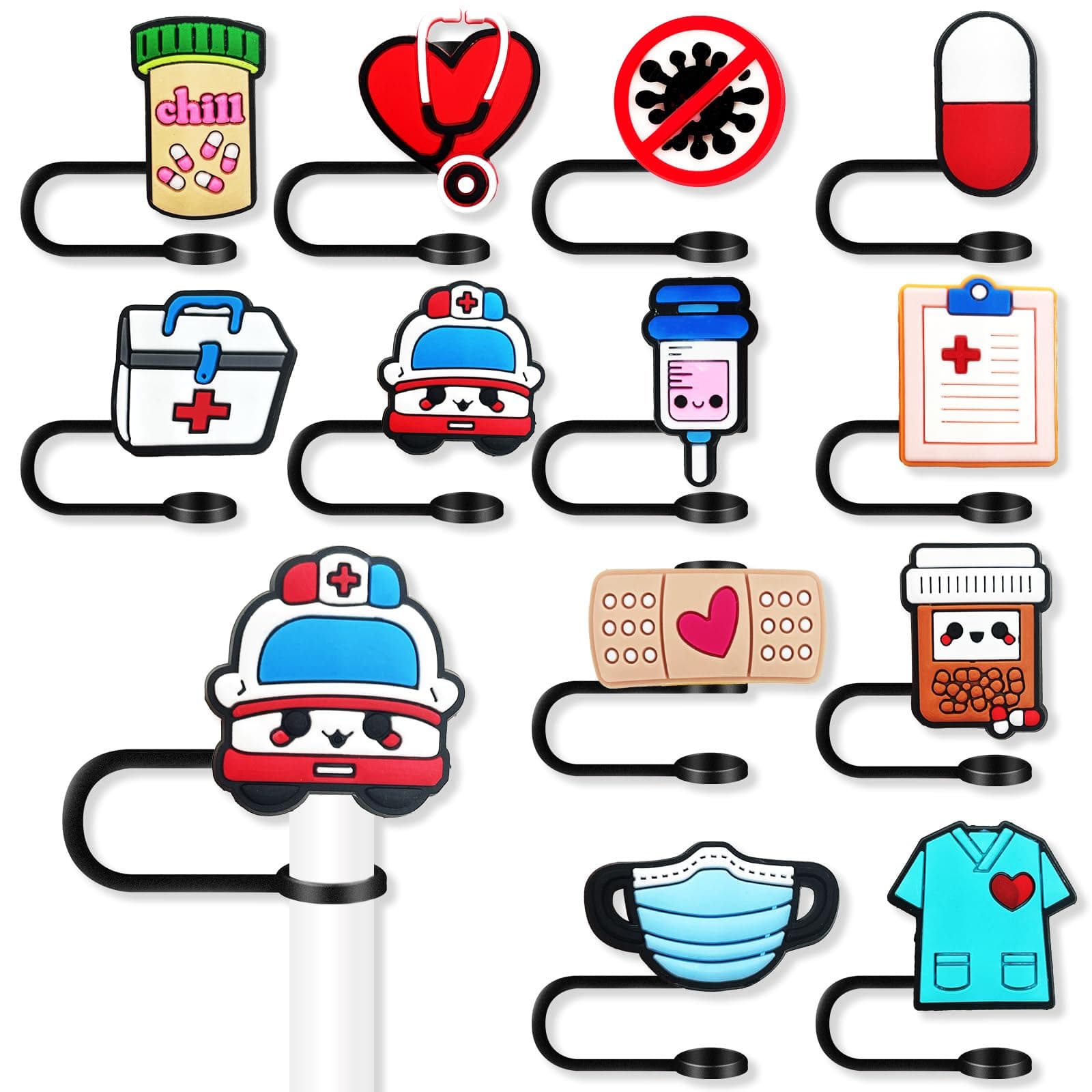 12Pcs Nurse Straw Covers Cap for Tumblers Cup, 10mm Medical Straw Topper, Silicone Straw Tip Covers for Drinking Straws (12Pcs Nurse 10mm)