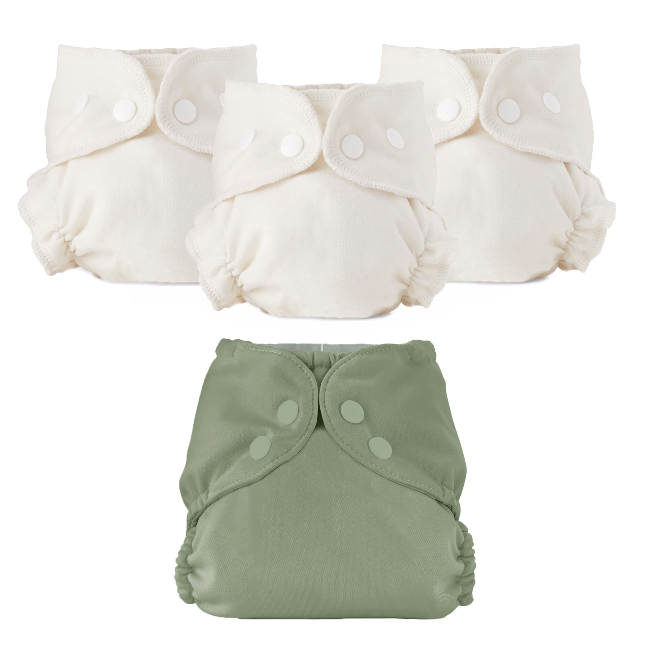 EsemblyCloth Diaper Bundle Set - 3 Organic Cotton Absorbent Inners and 1 Waterproof Outer Diaper Cover - Reusable, Washable, Snap Closure Cloth Diapers - Size 2 (18-35lbs), Aloe