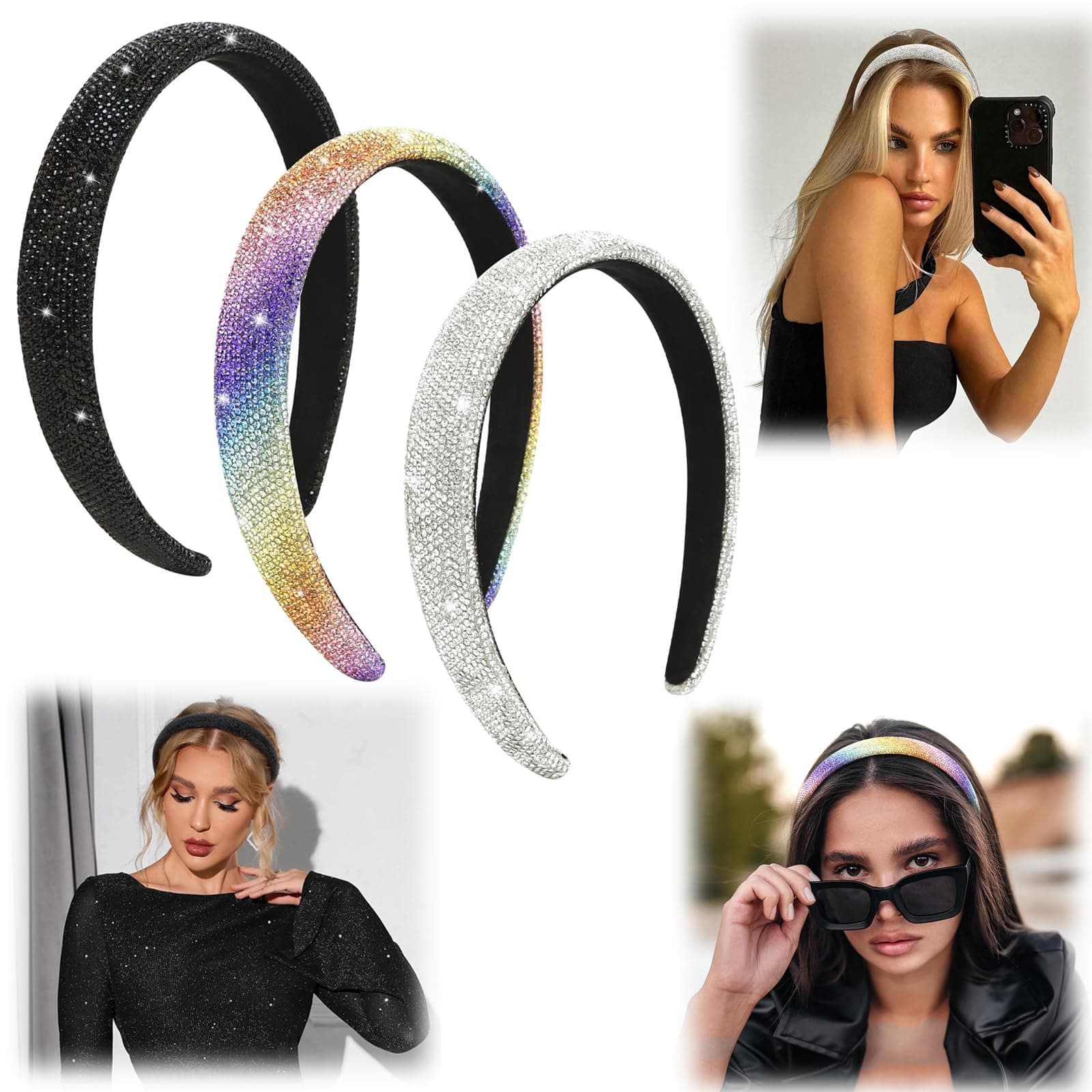 3Pcs Rhinestone Headbands Women Girls Sparkly Bling Diamond Rainbow Color Black Silver Headband Fashion Comfortable Head Band Non Slip Birthday Wedding Hair Accessories For Women Girls Gifts