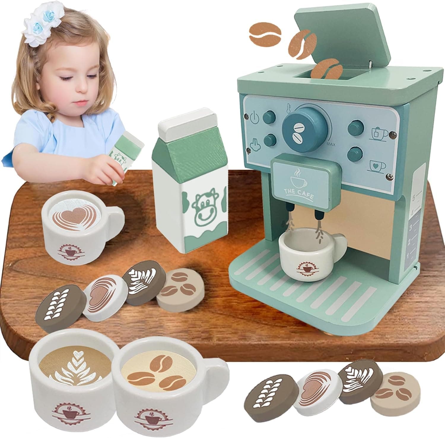 SOOFAMToy Coffee Maker for Kids,Play Kitchen Accessories,Kids Pretend Play Kitchen Playset Accessories Wooden Toys for 2 3 4 5 6 Year Old Girls