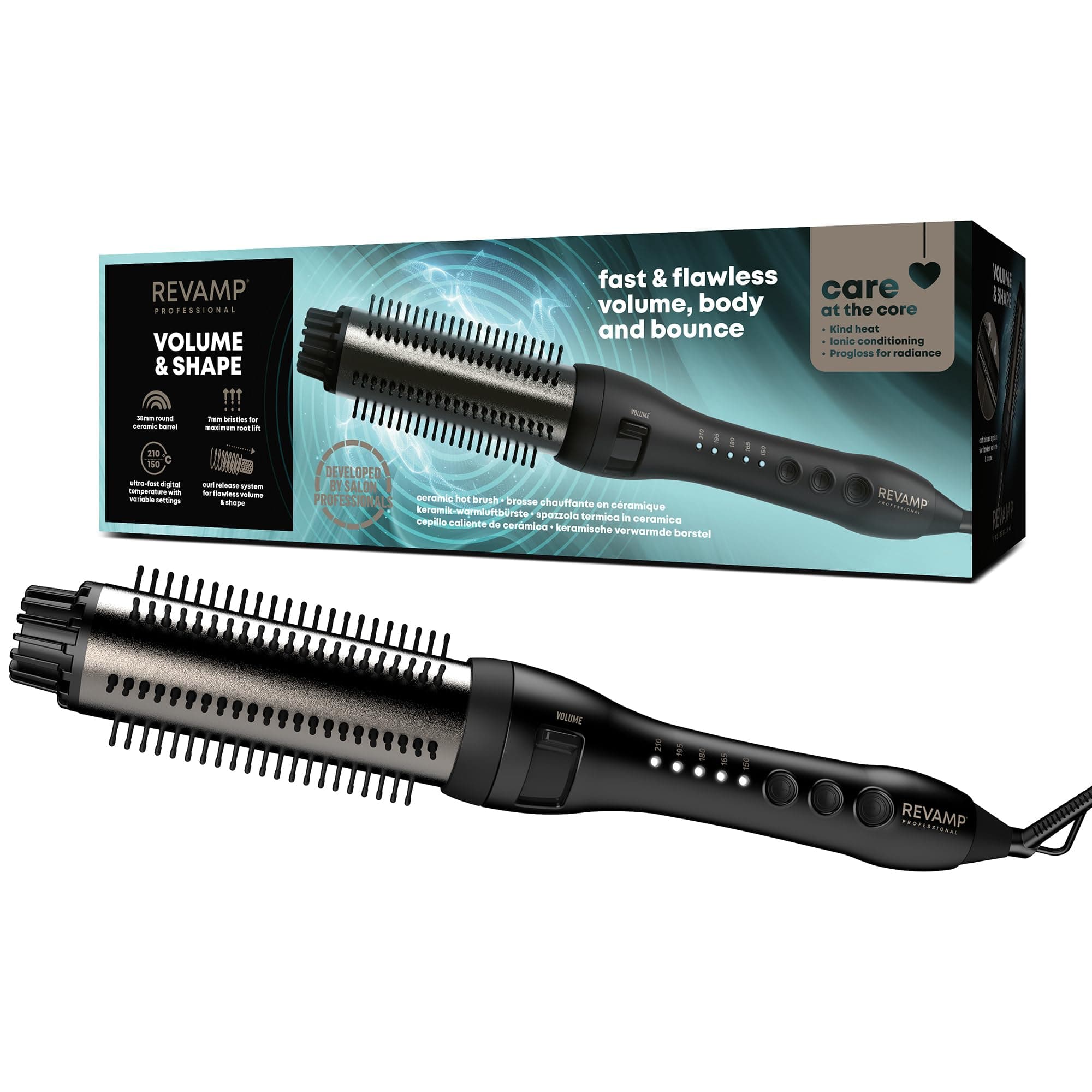 REVAMP Volume & Shape Ceramic Hot Brush for Hair Styling, 38mm Ceramic Barrel and Retracting Bristles, Adjustable Temperature, Automatic Shut-Off, Volumizing Brush for All Hair Types