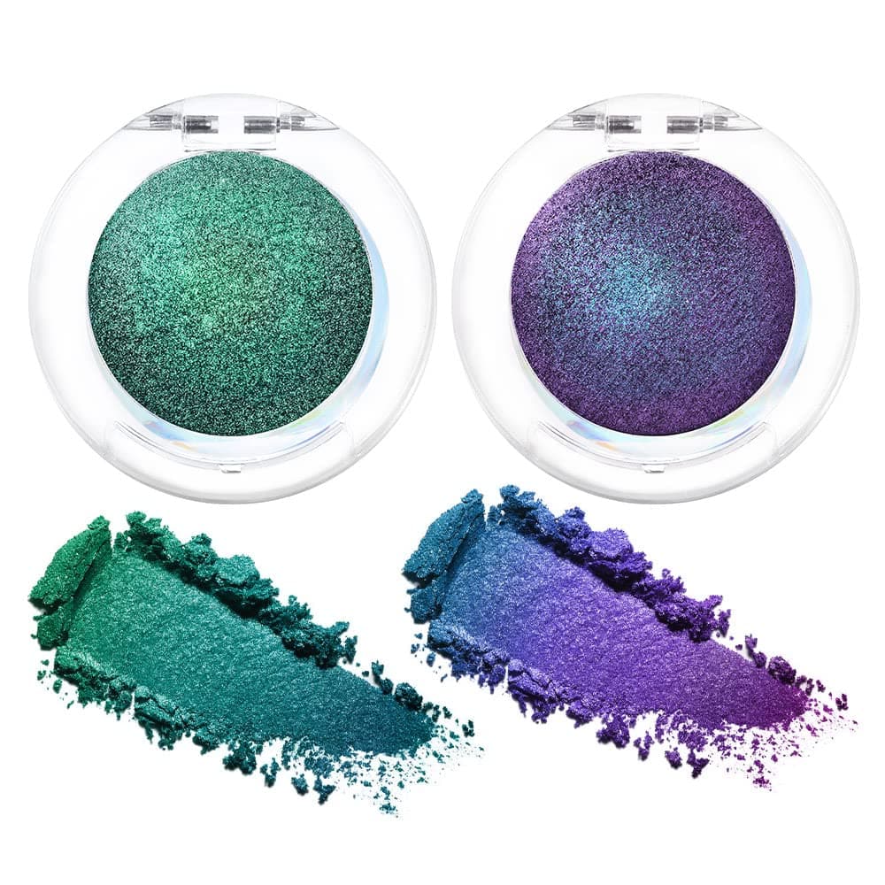 2Pcs Shimmer Teal Dark Sapphire Blue Bright Purple Multichrome Chrome Single Eye Shadow Palette Makeup for Older Women, Glitter Metallic Duochrome Chameleon Gothic Iridescent Eyeshadow Palette