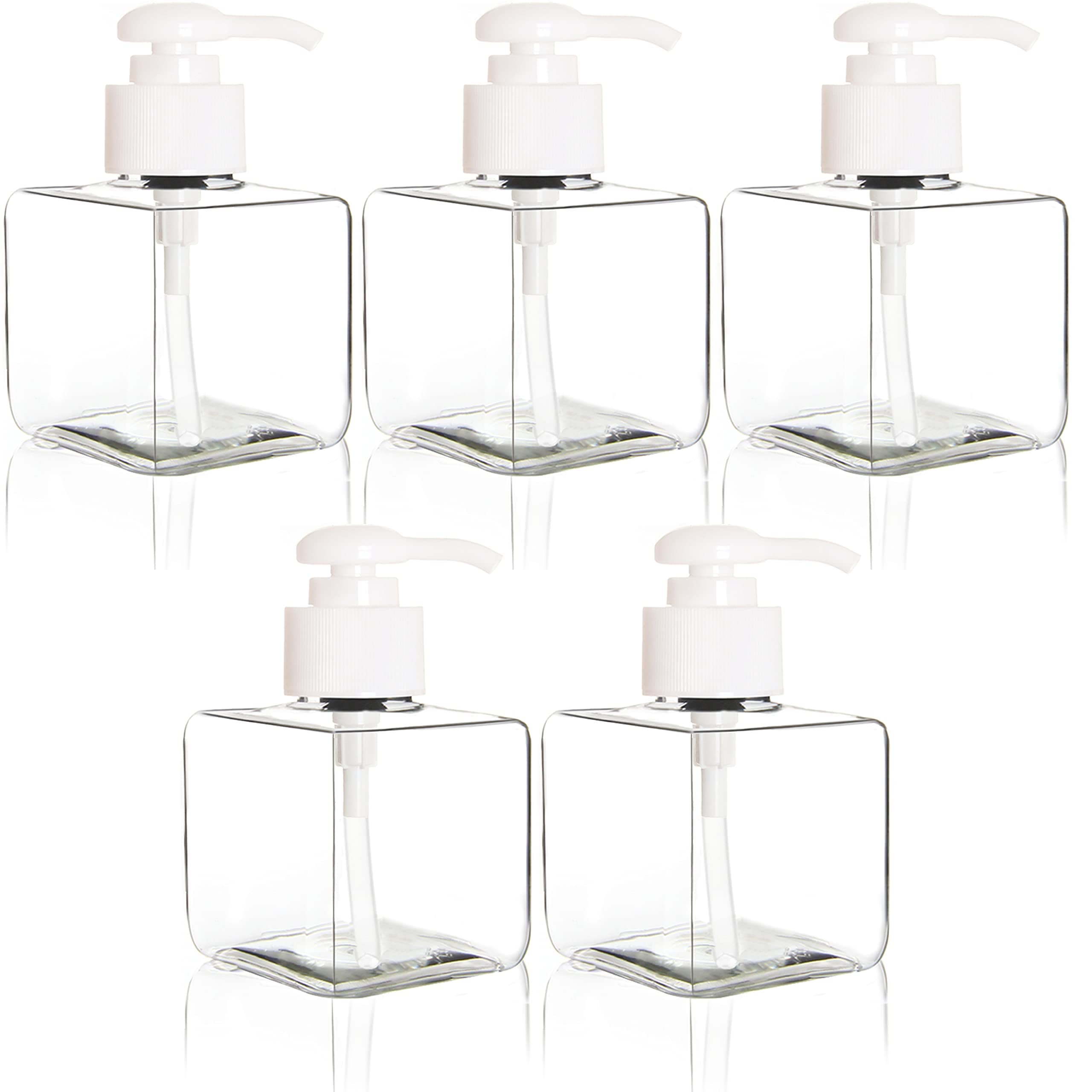 Youngever 5 Pack 250ML Clear Plastic Square Pump Bottles, Refillable Plastic Pump Bottles for Dispensing Lotions, Shampoos