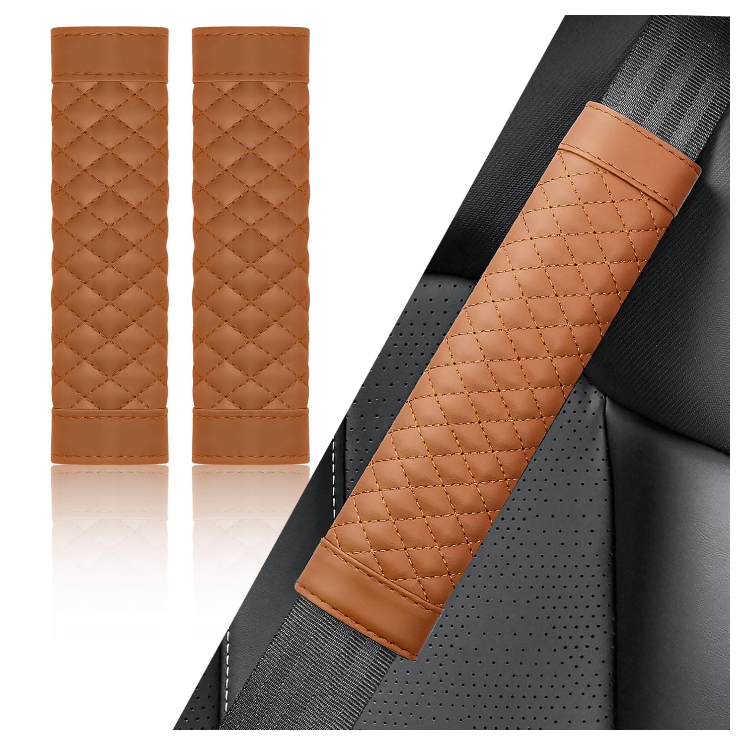 carleef 2PCS Car Seat Belt Cover Pad,Soft Leather Seatbelt Covers Breathable Seatbelt Cushion with Plaid Design,All Seasons Universal Car Interior Accessories Seat Belt Cover for Kids & Adults (Brown)