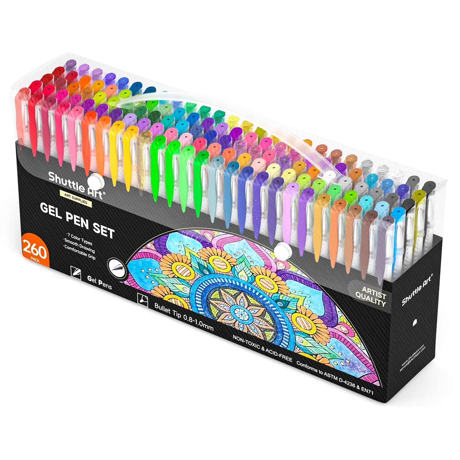 Shuttle Art Gel Pens for Colouring, 260 Pack Gel Pens Set, 130 Assorted Colours plus 130 Refills, Glitter Neon Pastel Metallic Colours, Ideal for Adult Colouring Books, Doodling, Drawing, Writing