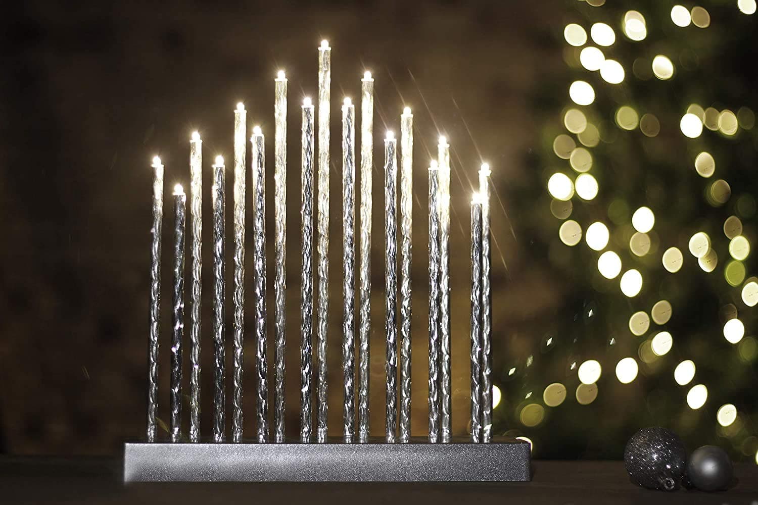 Marco Paul Christmas Twisted Pipe Tube Candle Bridge Arch - Modern Free Standing Battery Operated 17 White LED Candles - Festival Accessories for Table, Window and Xmas Candle Bridge Decor (Silver)