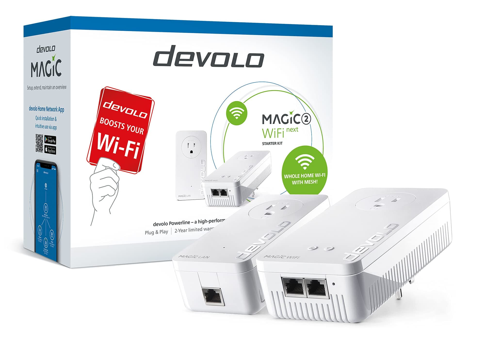 devolo Magic 2 WiFi next Powerline Starter Kit | Mesh Wi-Fi AC | 2000 Mbps | G.hn Wave 2 | Multi-User MIMO | 2 Passthrough Adapters | 3x Gb LAN Ports [2+1] | Plug & Play | Best for smart devices