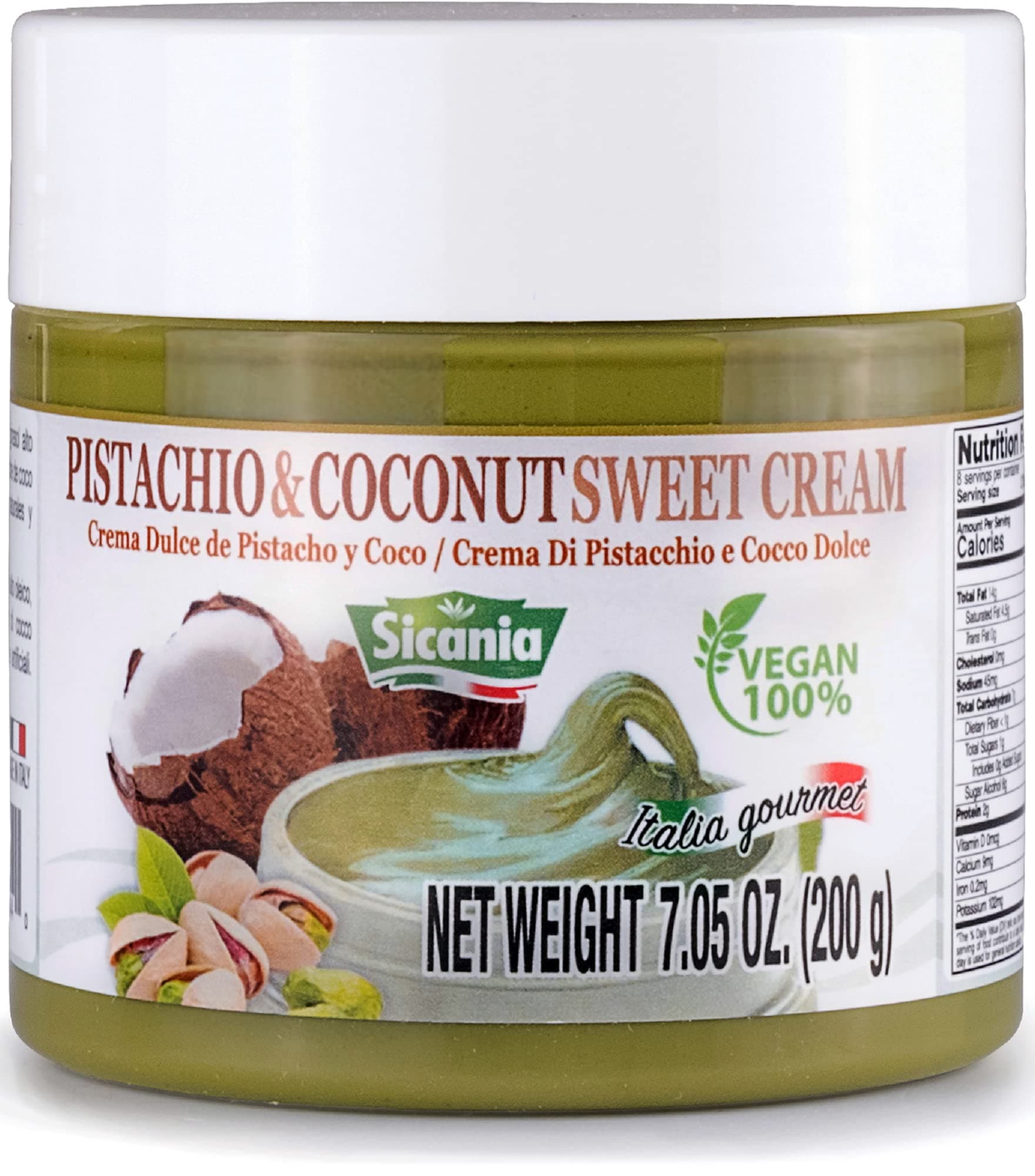 SICANIA Pistachio and Coconut Vegan Sweet Cream - 100% Italian Made, Non-GMO, Dairy and Gluten-Free, Palm Oil, and Sugar-Free, Lactose-Free - Ideal for Pastries, Desserts, Sandwiches, Pancakes, Waffles, Toasts and Crackers - 200Gr
