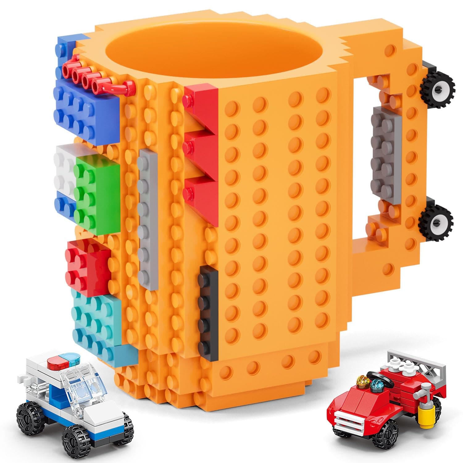 DAYMOO Build-on Brick Mug,Funny Creative DIY building Blocks Cups with 3 packs of Blocks,Unique Coffee Cup For Christmas gifts,Compatible with Lego (Orange)