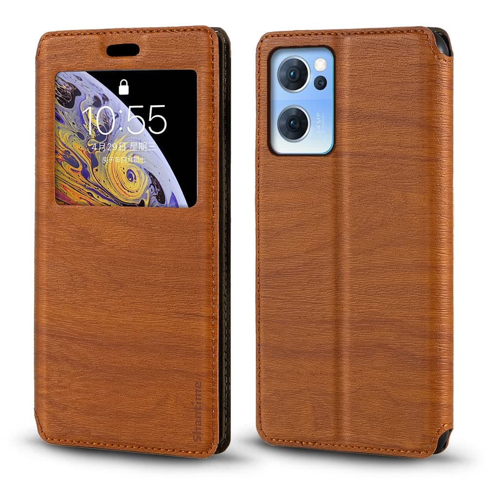 Viewable Window Leather Flip Case Compatible with OPPO Reno 7 5G China, Elegant Design Clear Display Invisible Magnetic Cover and Card Slot(Brown)