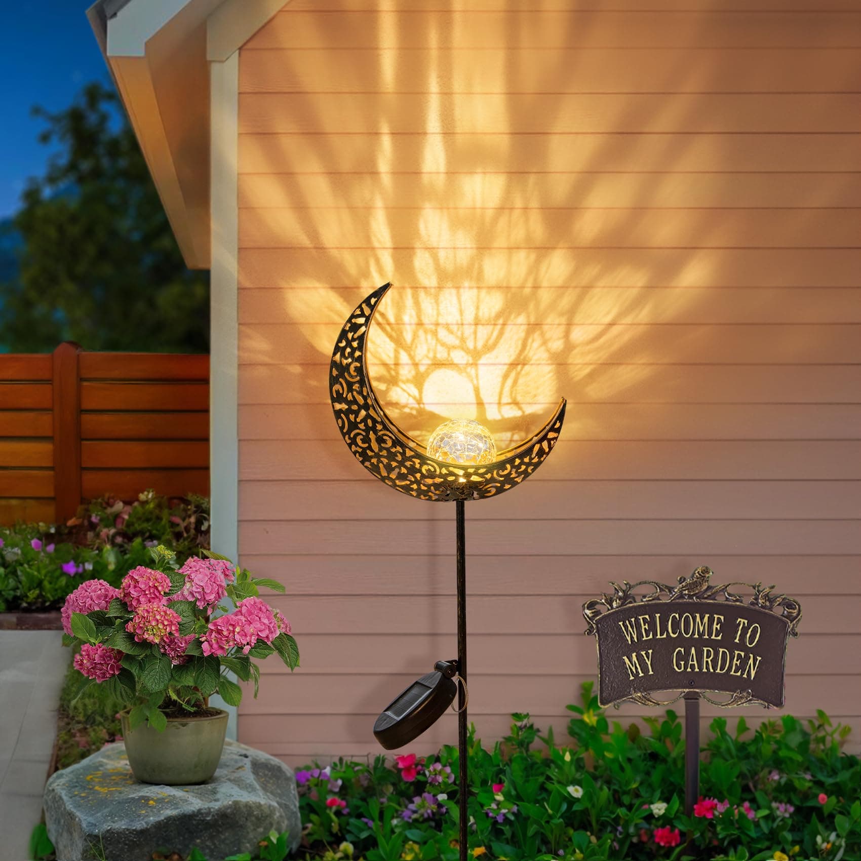 HOMEIMPRO Moon Solar Lights Outdoor Garden Stakes, Waterproof Crackle Glass Metal Decorative Lights for Pathway, Lawn, Patio or Courtyard, Birthday Gift, Mothers’ Day Fathers’ Day Gift (Bronze)