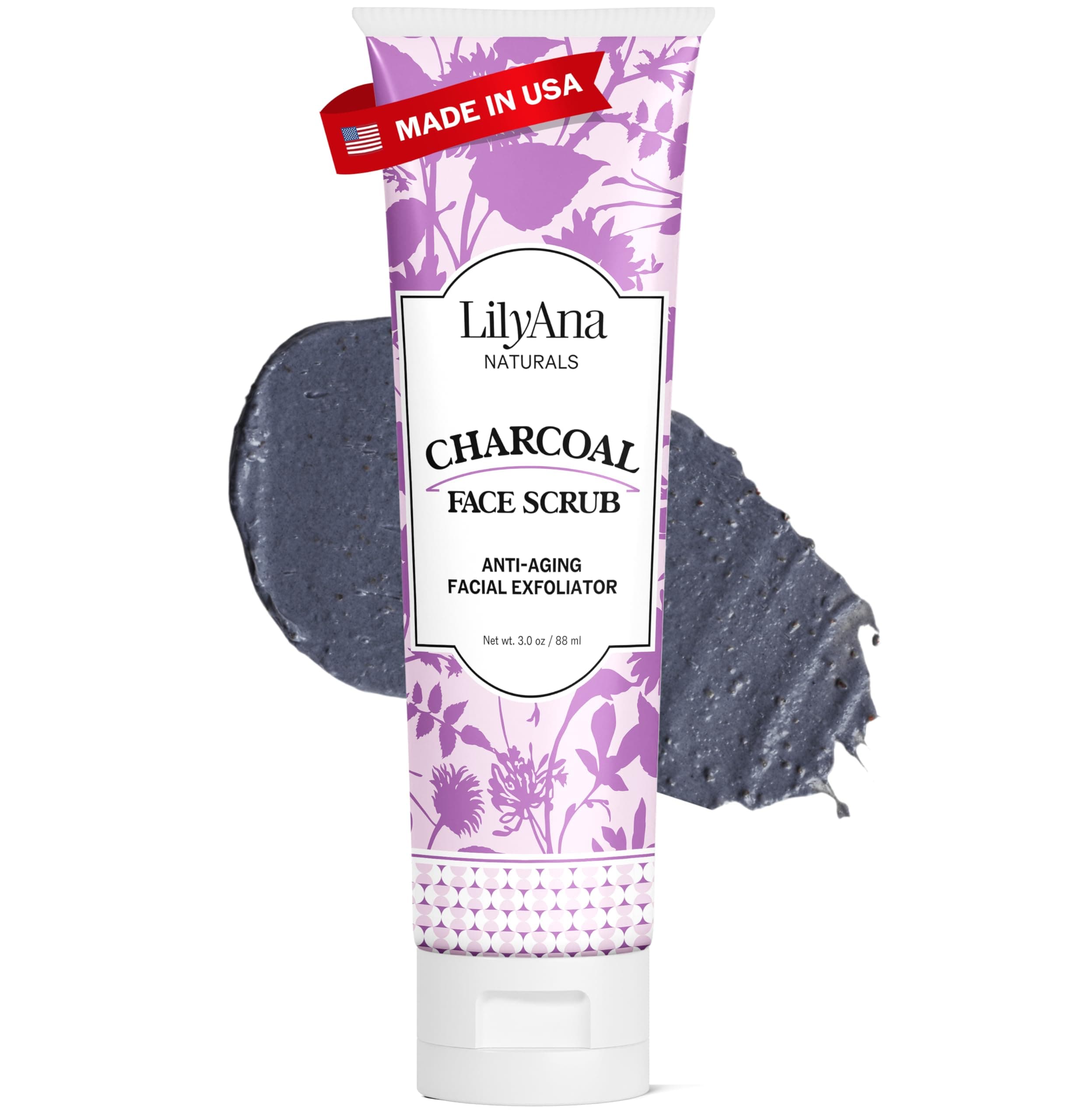 LilyAna Naturals Charcoal Face Scrub - Facial Exfoliator - Microdermabrasion Scrub - Facial Skin Care Products for Women and Men - Lavender and Tea Tree Oil - 3oz