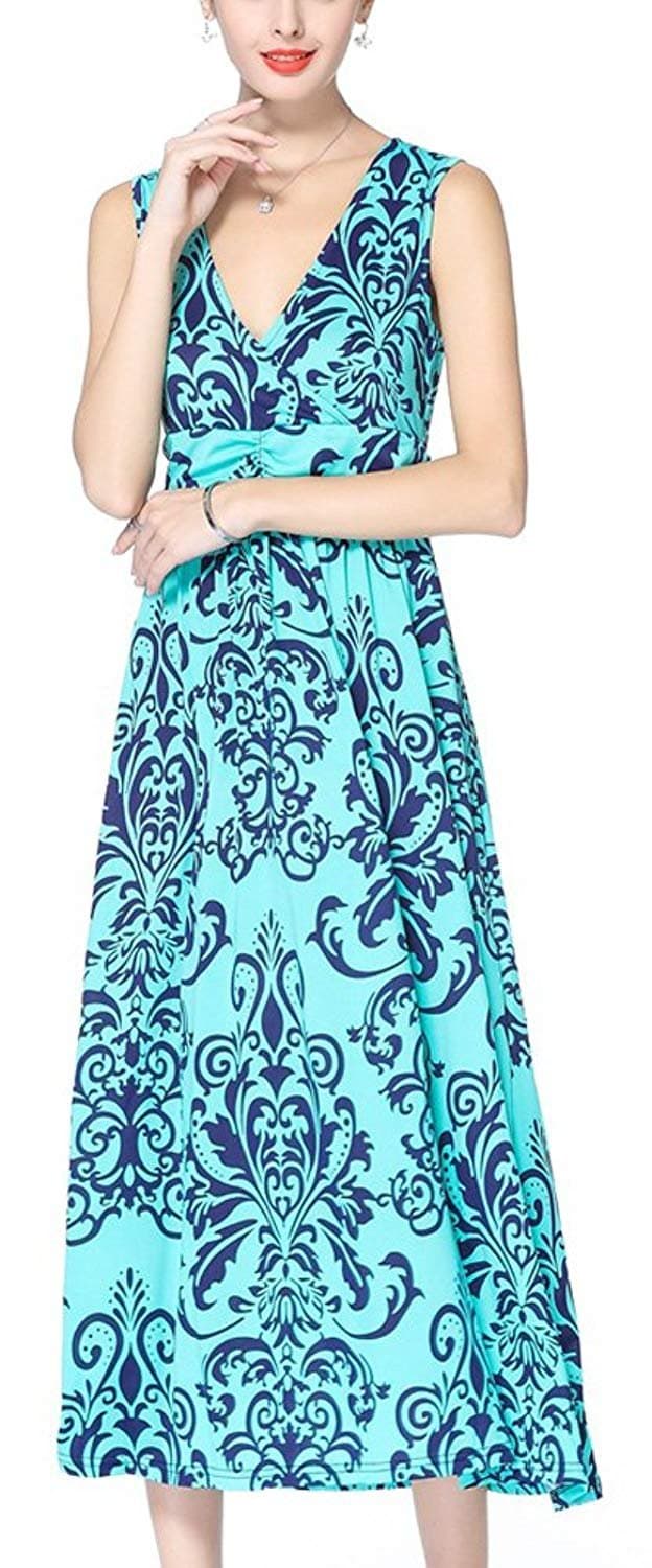 Women's V Neck Sleeveless Empire Floral Print Party Long Dress