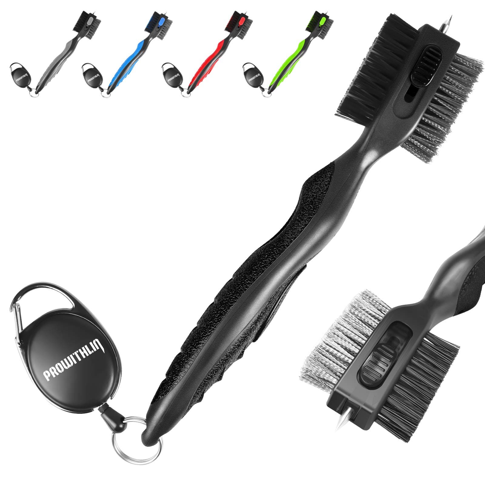 prowithlinGolf Club Cleaner and Brush 2 in 1, Retractable Zip-line Metal Buckle & Sharp Pick, Oversized Brush Head Wire Bristles