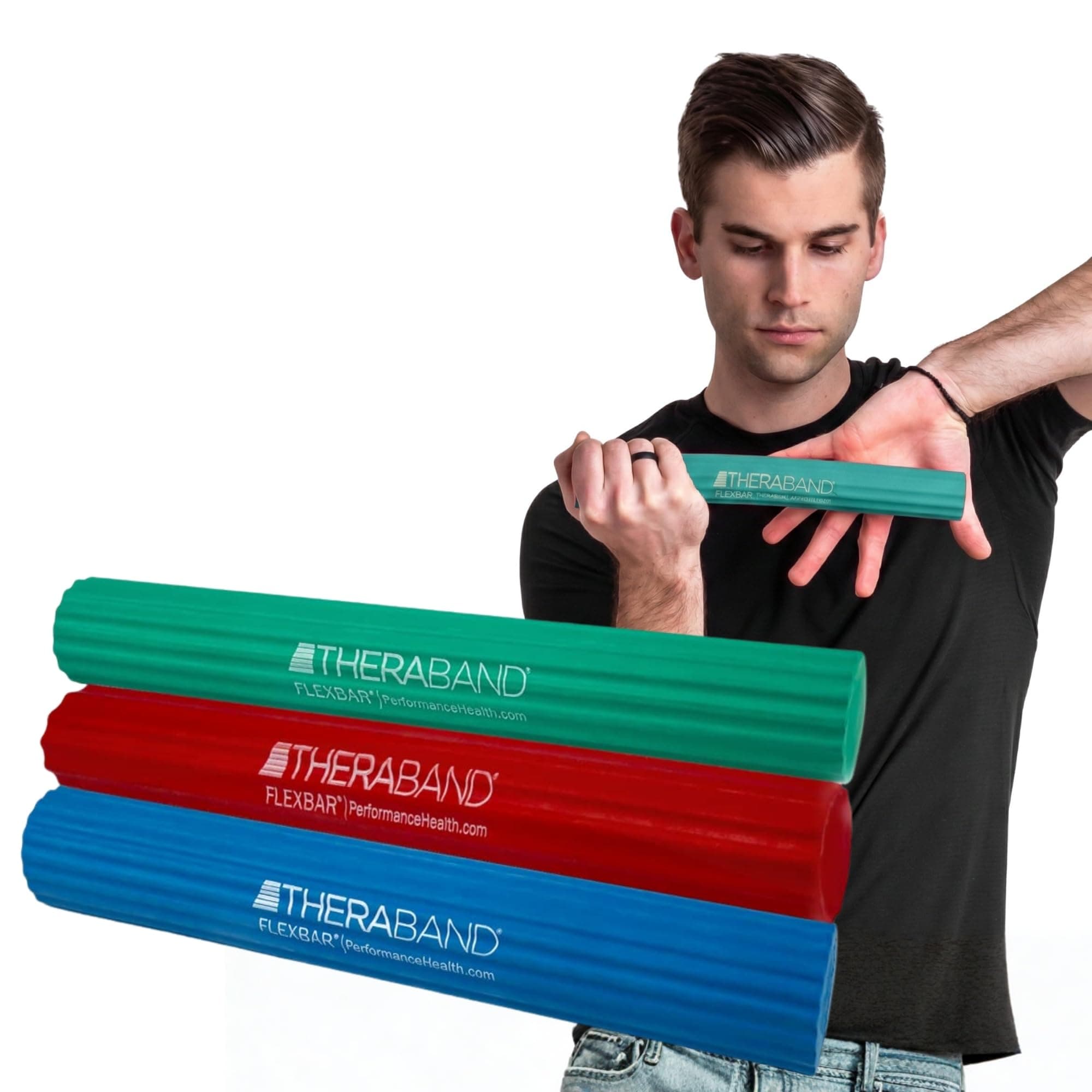 FlexBar, Tennis Elbow Therapy Bar, Relieve Tendonitis Pain & Improve Grip Strength, Resistance Bar for Golfers Elbow & Tendinitis, 3 pack, Light-Medium-Heavy, RED/GREEN/BLUE