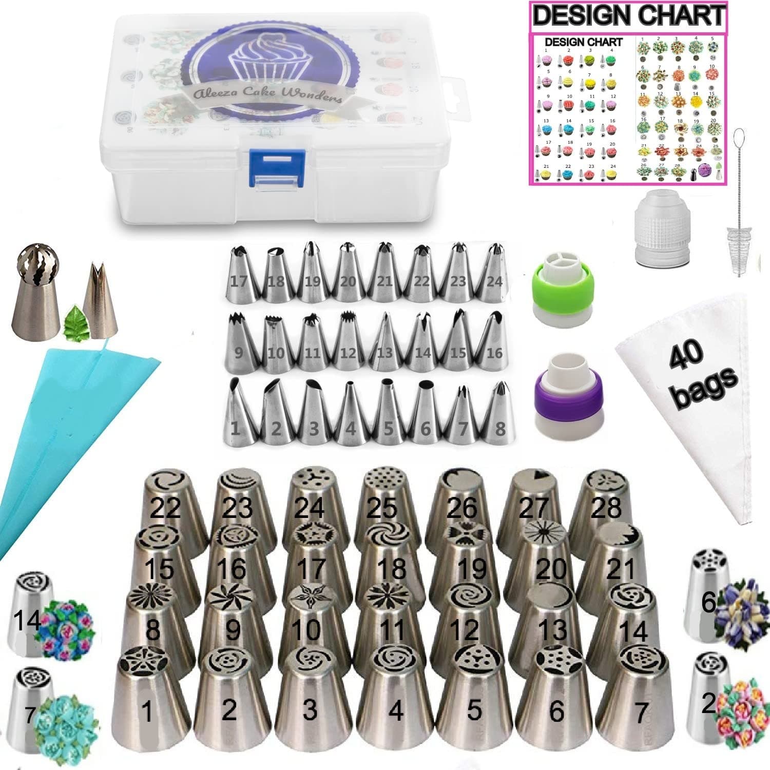 Aleeza Cake WondersRussian Piping Tips Set - 100 pcs Cake Decorating Supplies with 40 Icing Bags, 28 Russian Nozzles, 24 Frosting Tips, Leaf and Ball Pastry Tips. Cookie and Cupcake Decorating Kit