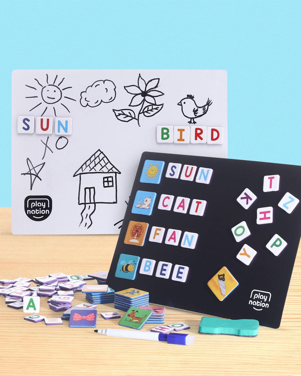 Play Nation Premium 107 Pcs Spell Word 3 Letter Alphabet Magnetic Learning Set with Magnets, Magnetic Board and Duster | BIS Certified | Birthday Gift | Multicolor | 3+ Years
