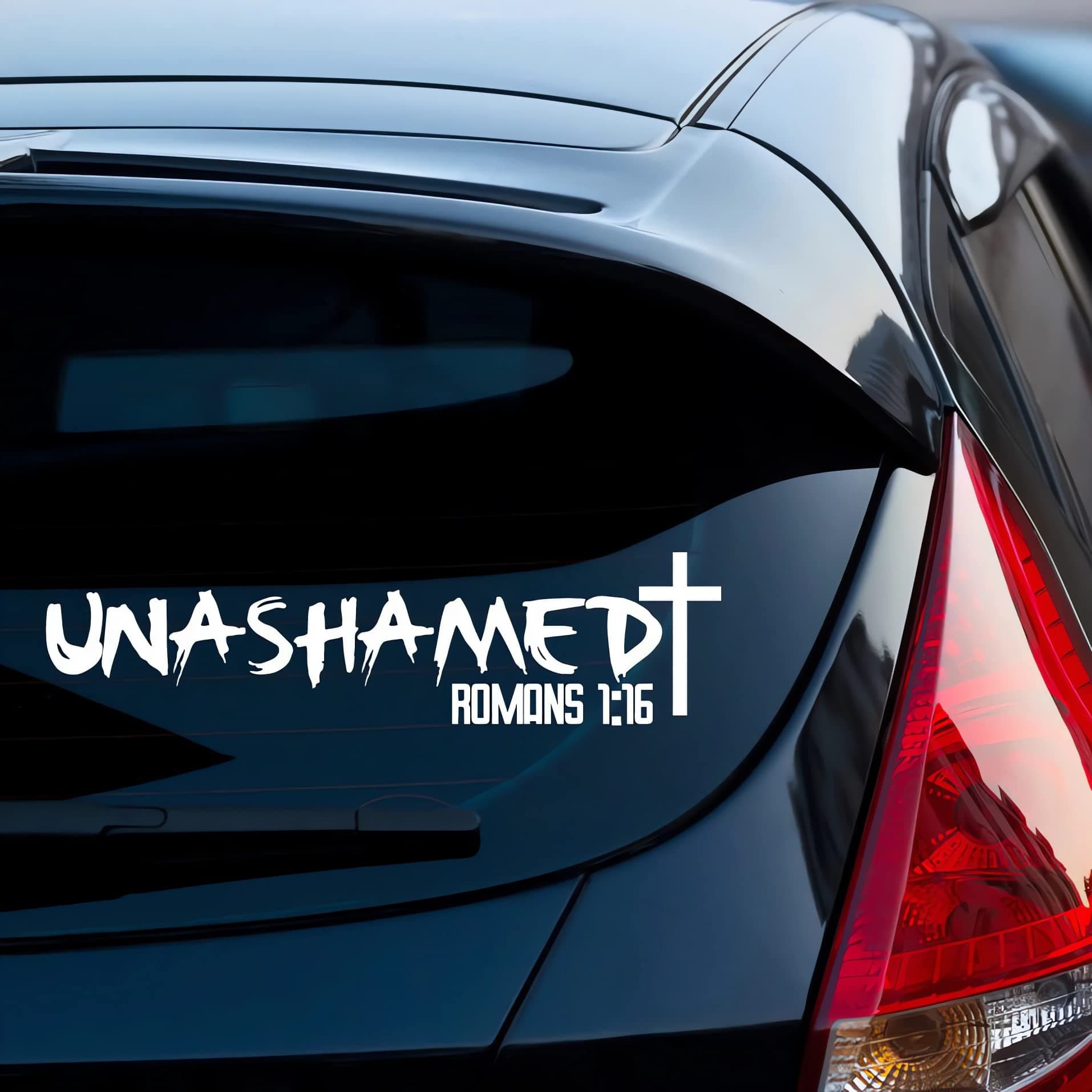 Unashamed Cross Romans 1:16 Christian Jesus Christ Bible Religious Decal Vinyl Sticker for Car Truck Window Bumper Laptop White1