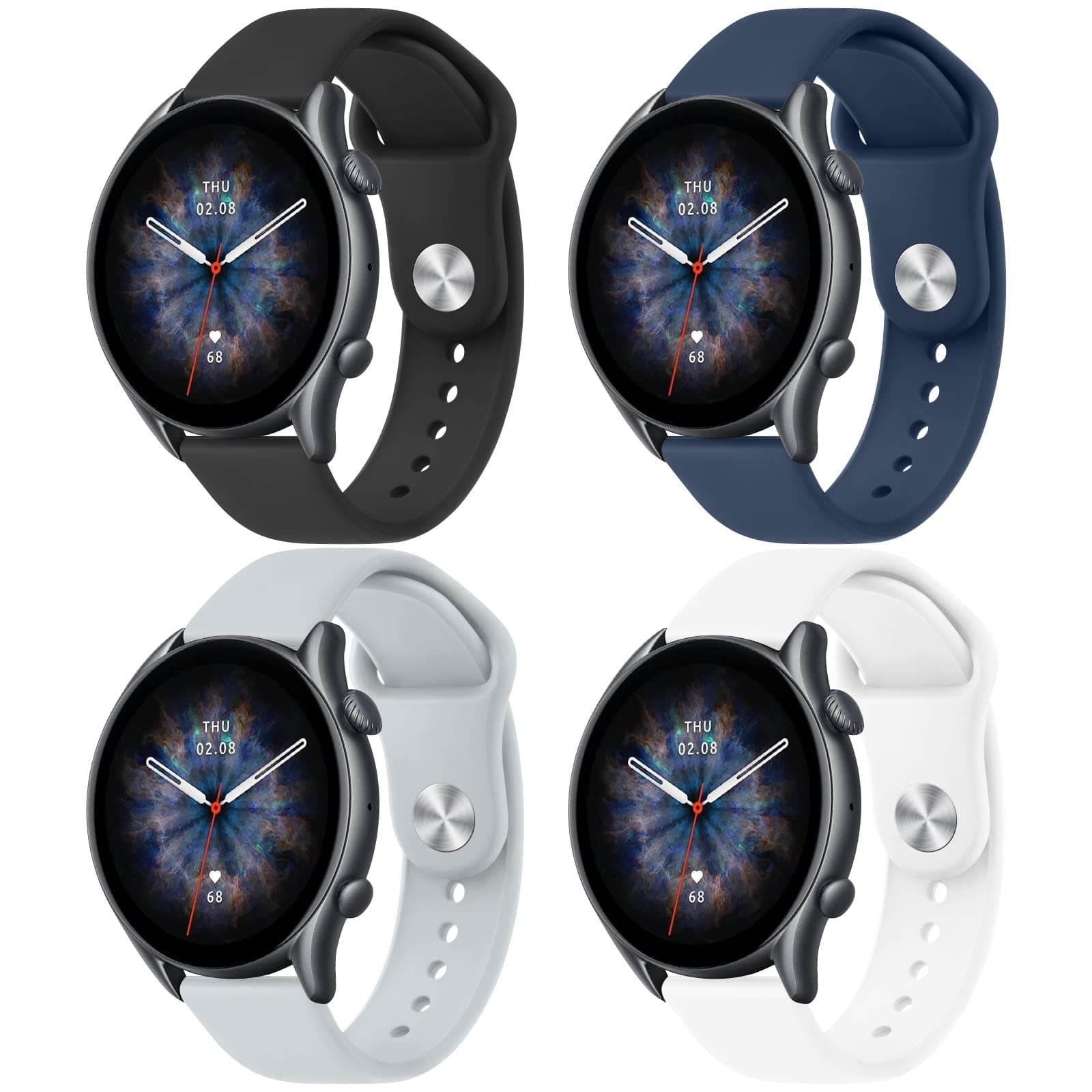 Amzpas Silicone Band for Amazfit GTR 3 Pro/ GTR 3/ GTR 2e/ GTR 2/ GTR 4/ Amazfit GTR 47mm Smart Watch, 22mm 4 Pack Soft Quick-Release Replacement Wristband with Simple Buckle, Sport Strap for Men Women