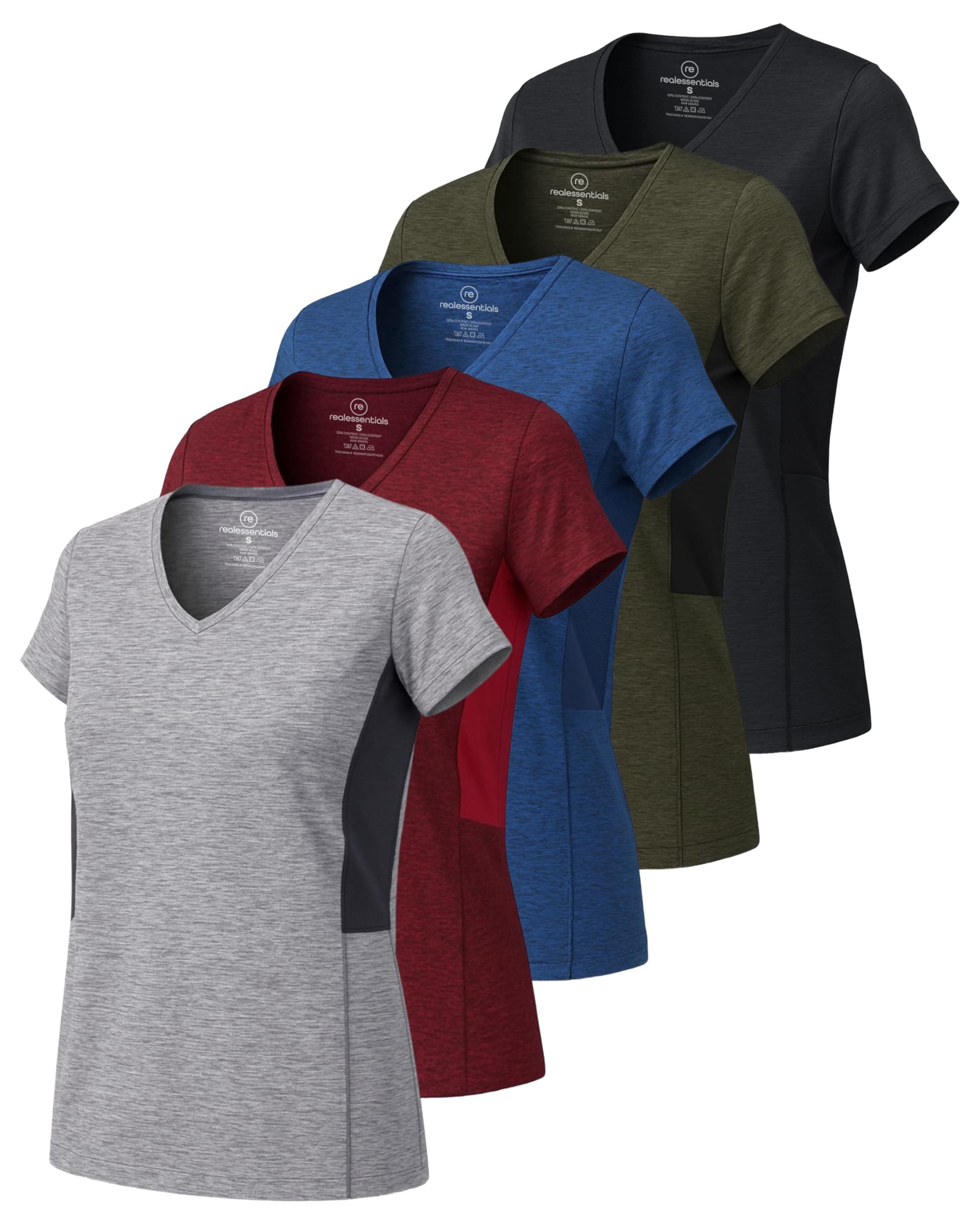 5-Pack Women's Short Sleeve V-Neck Activewear T-Shirt Dry-Fit Moisture Wicking Perfomance Yoga Top (Available in Plus Size)