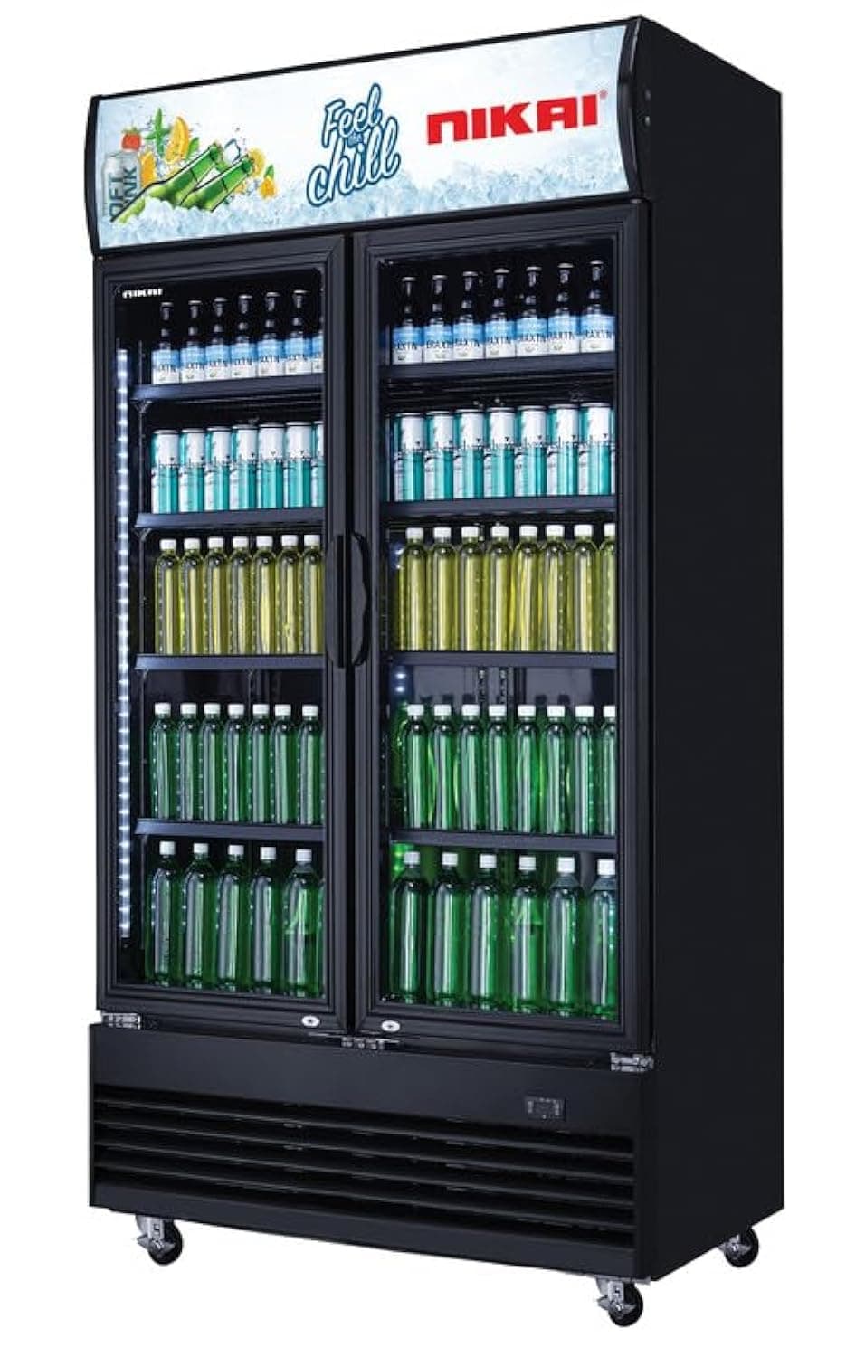 700L Double Door Chiller Fridge Commercial | No Frost Chiller | Digital Controls & Display | Auto Defrost | Adjustable Shelves | Castor Wheels | Tempered Glass | Black Doors (NSF700FFH)