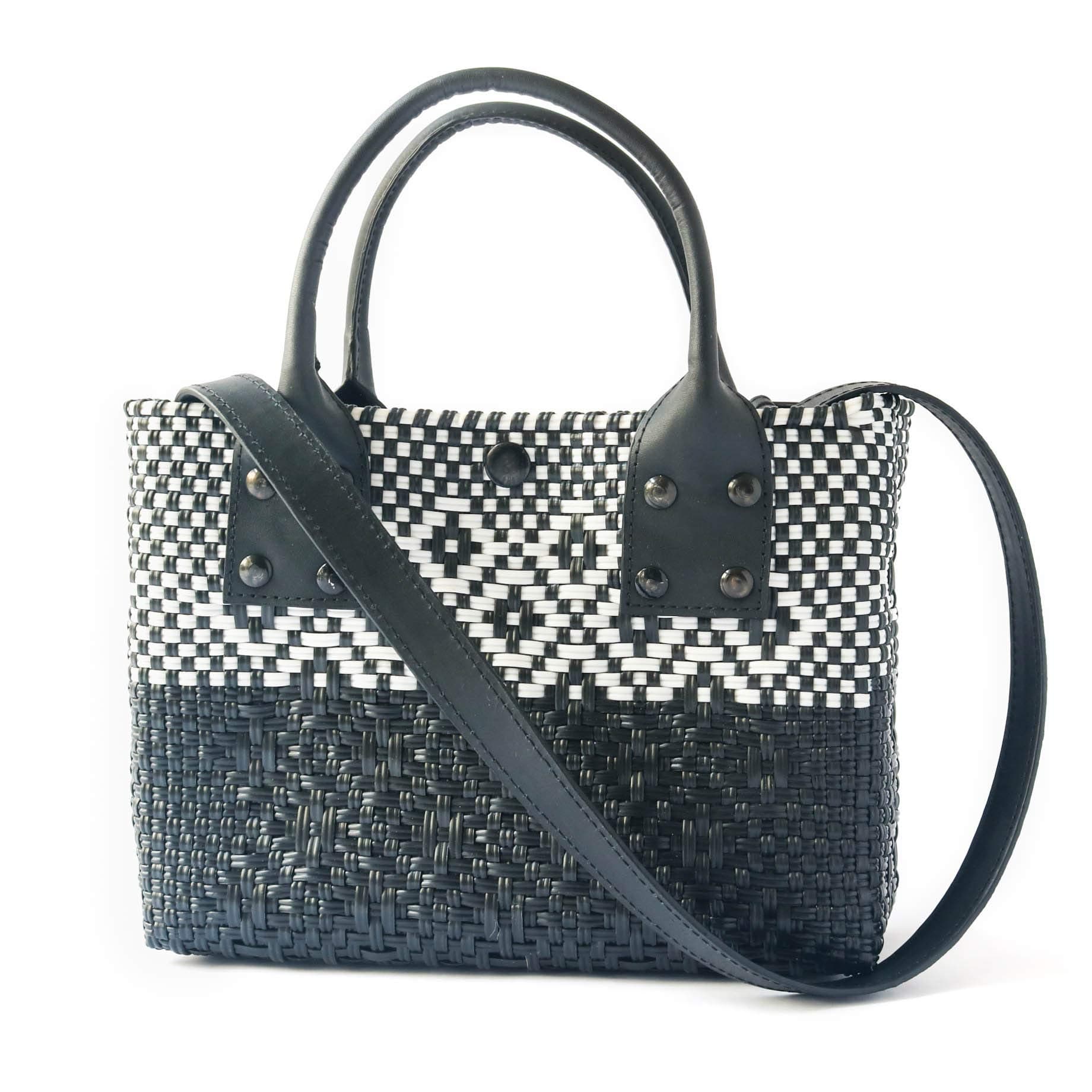 Tin Marin Mini Crossbody Bag - Black Leather Handles & Shoulder Strap, Handwoven Plastic Bag, Mexican Plastic Woven Bag, Summer Bag