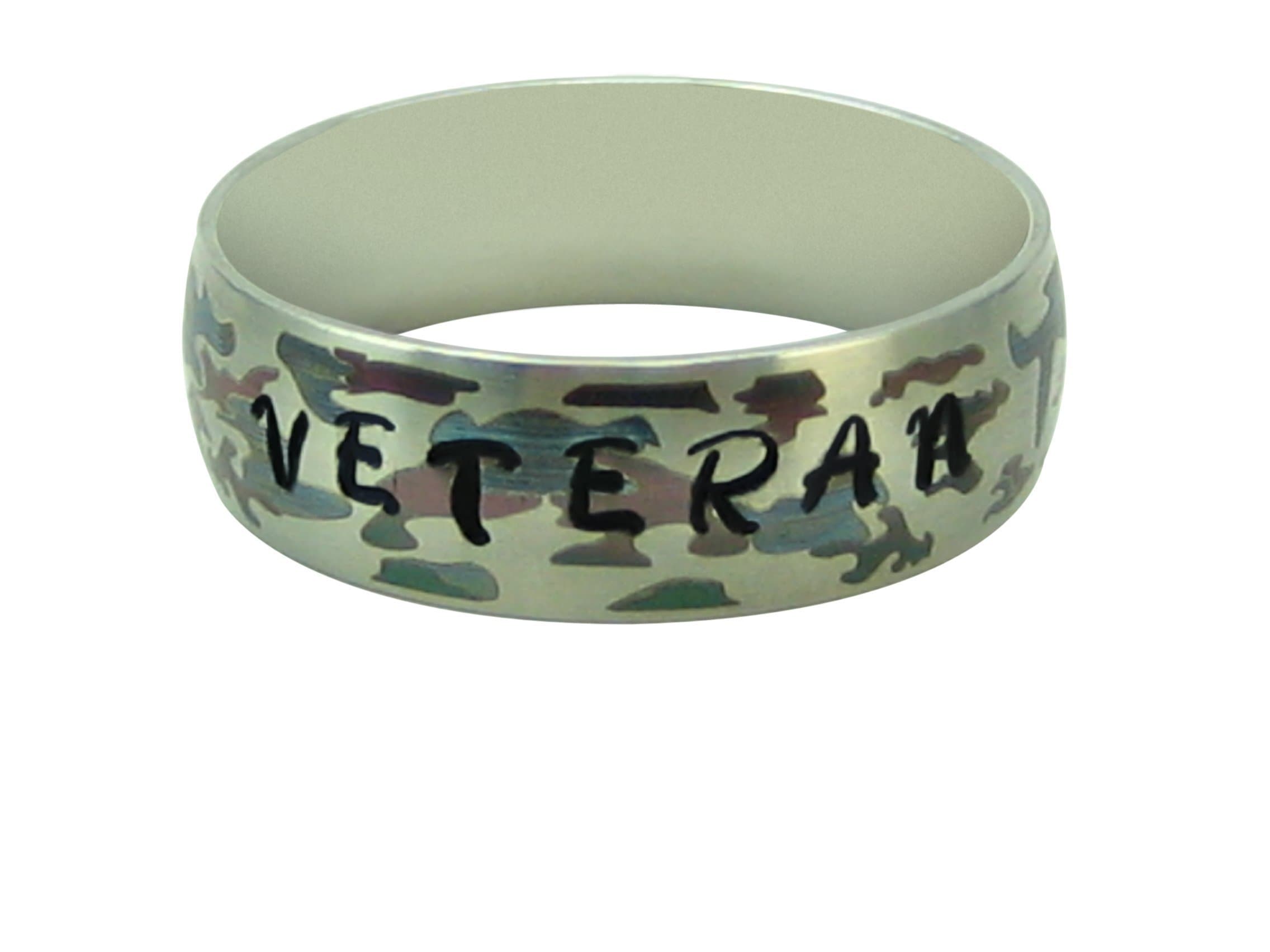 8mm Earth Camouflage stamped keepsake ring with comfort fit in size 9 making it ideal for your stamped message